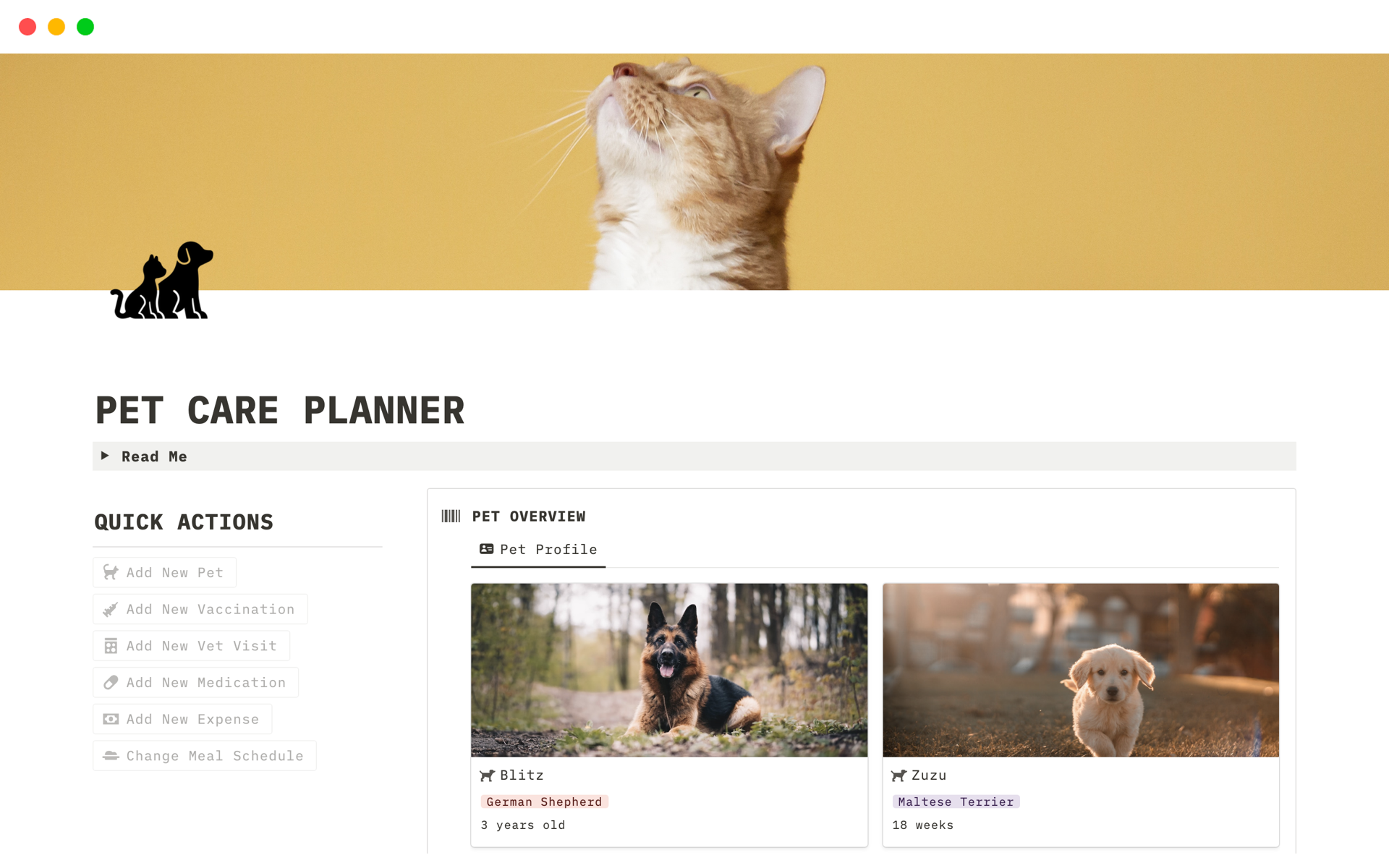 A template preview for PET CARE PLANNER
