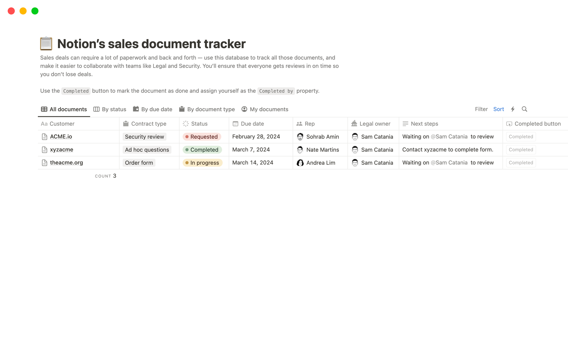 A template preview for Notion’s sales document tracker