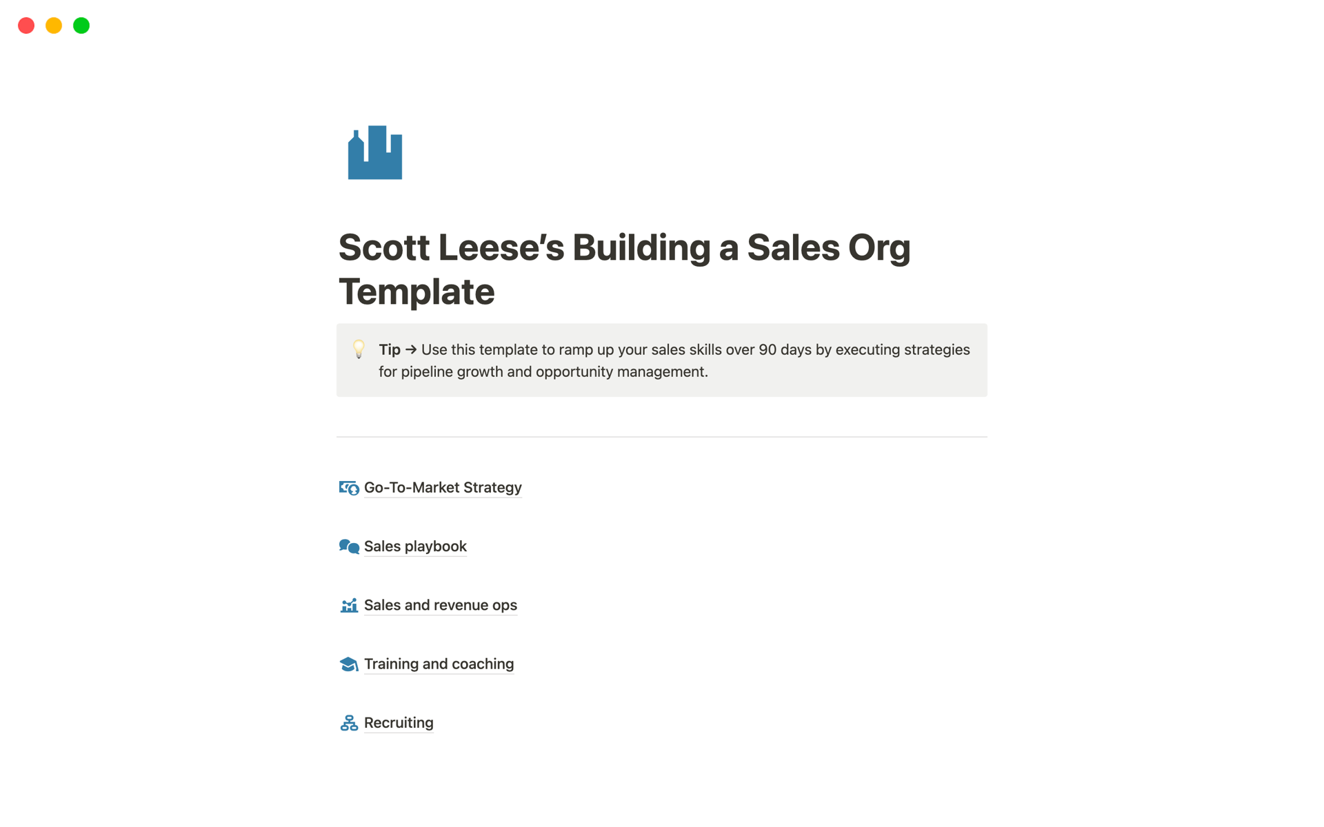 A template preview for Building a Sales Org (In a Box)