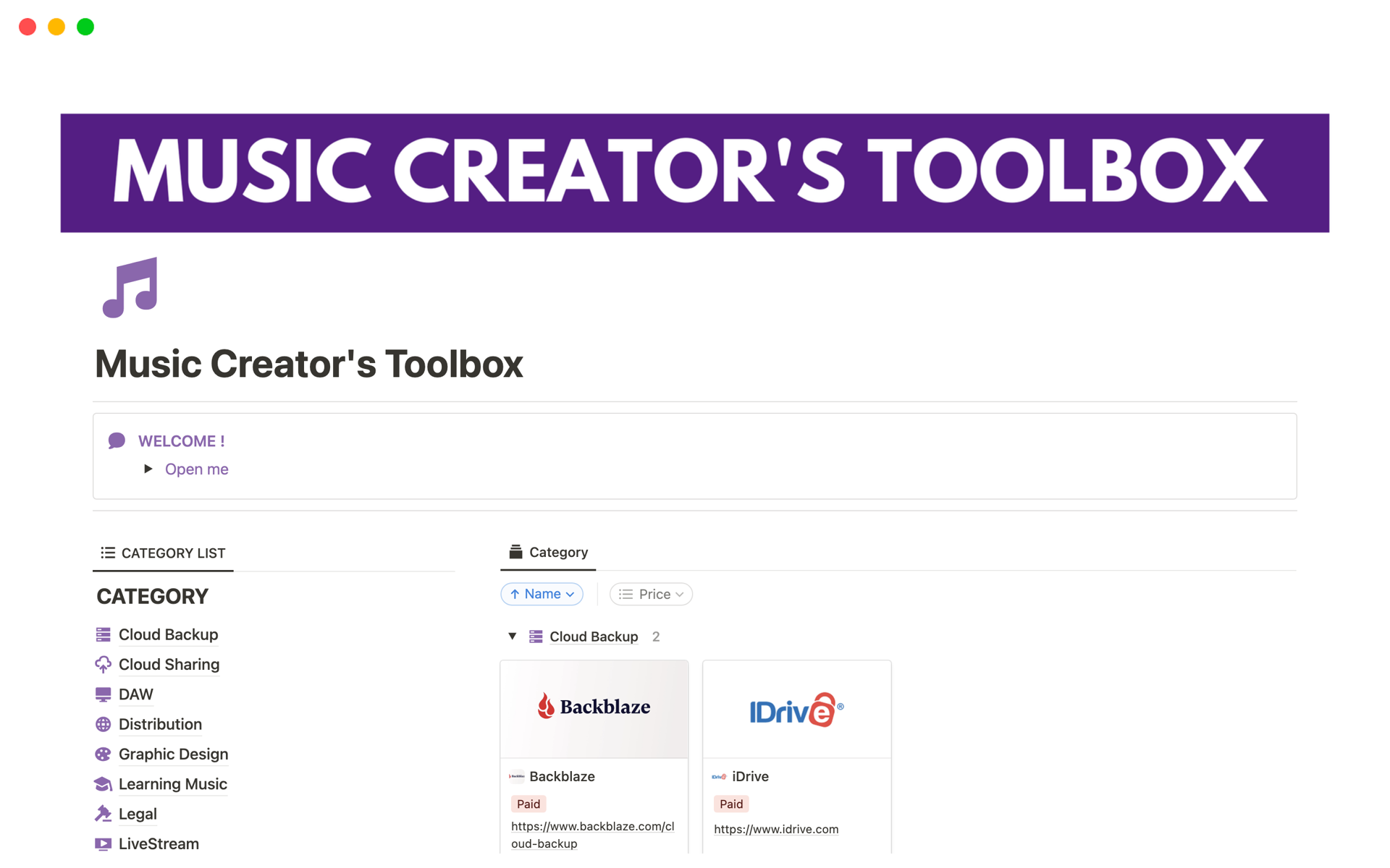 A template preview for Music Creator's Toolbox