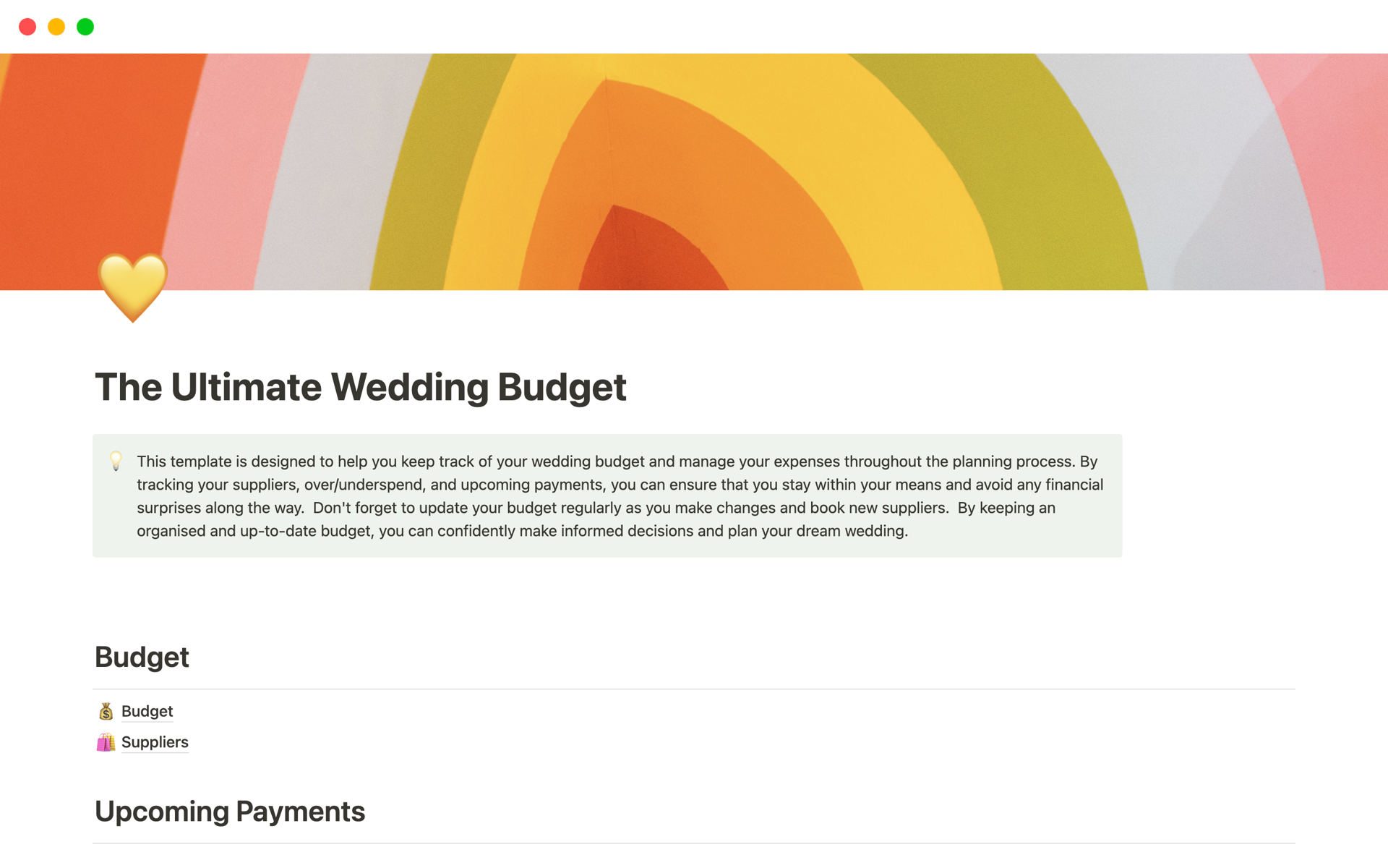 This Notion template includes a super detailed budget plus a supplier management section.