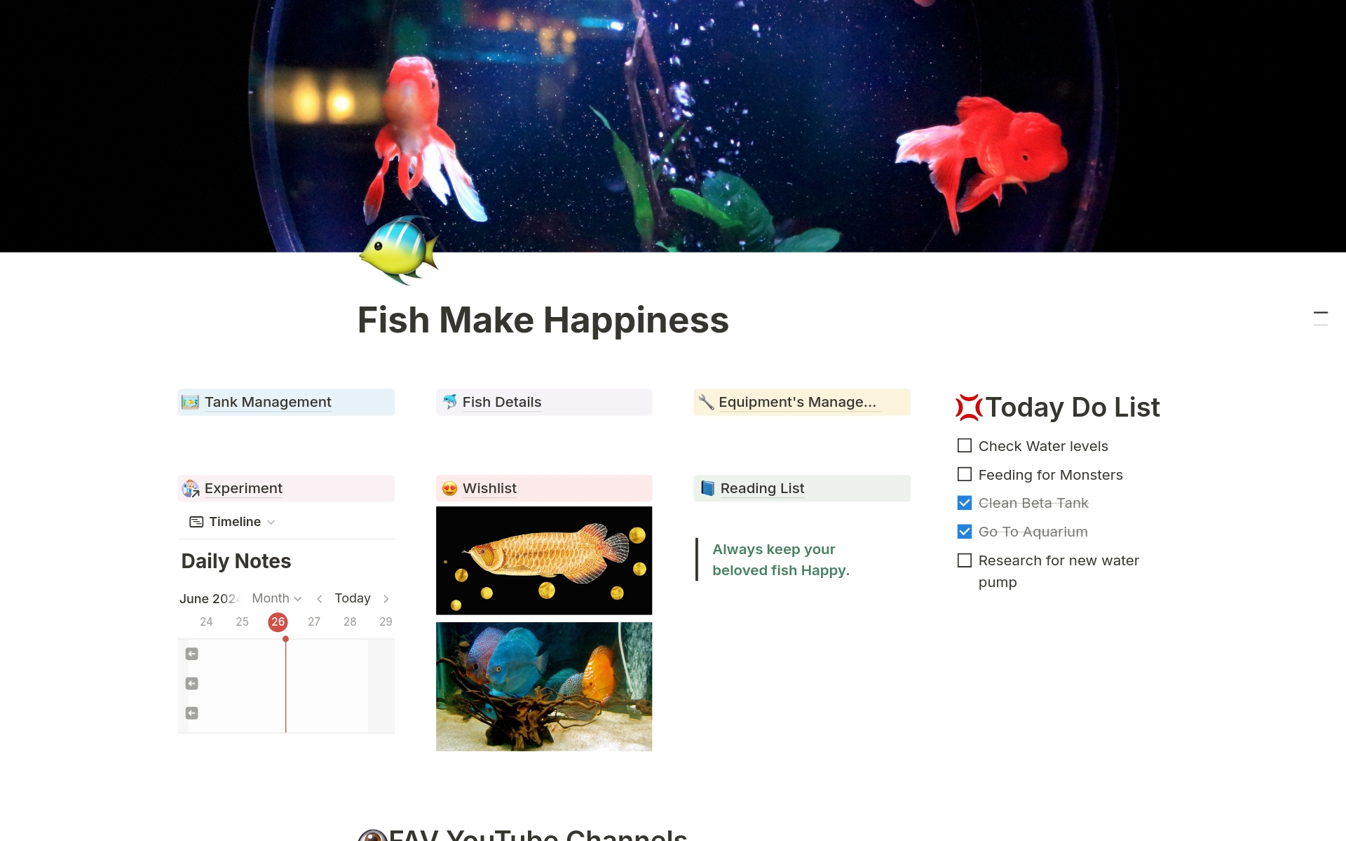 Aquarium (Fish Tank) Management Notion Template