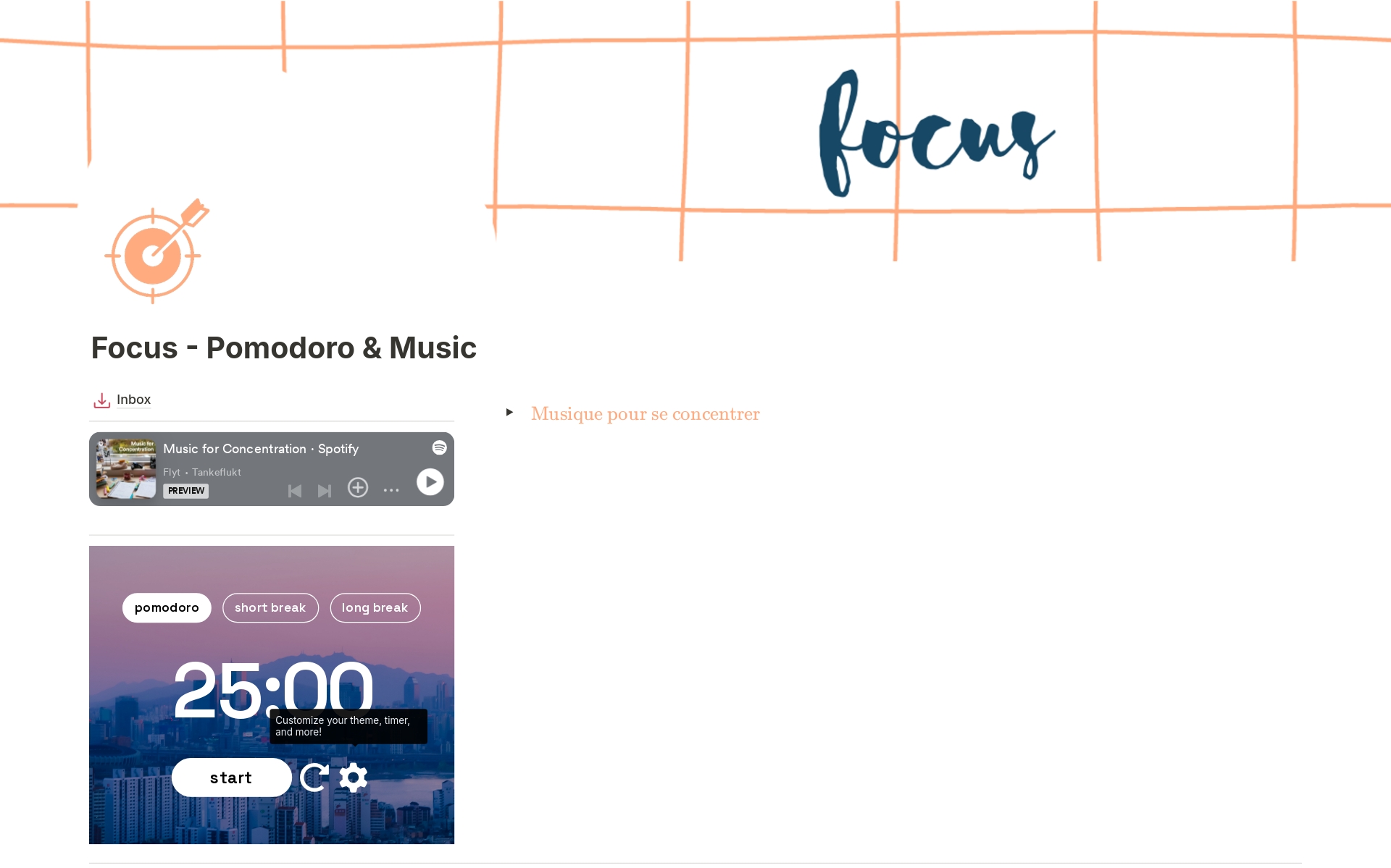 A template preview for Focus : pomodoro, musique pour se concentrer