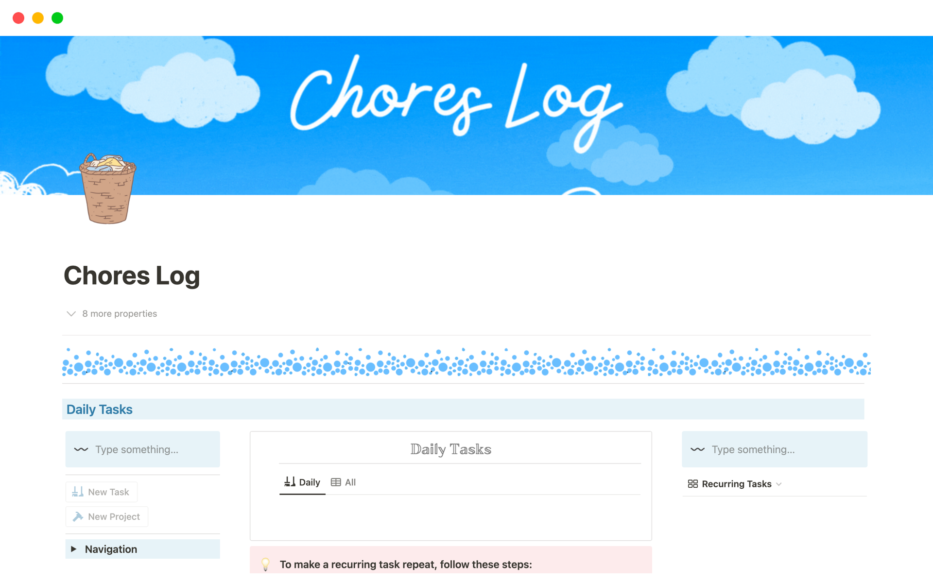 A template preview for Chores Log