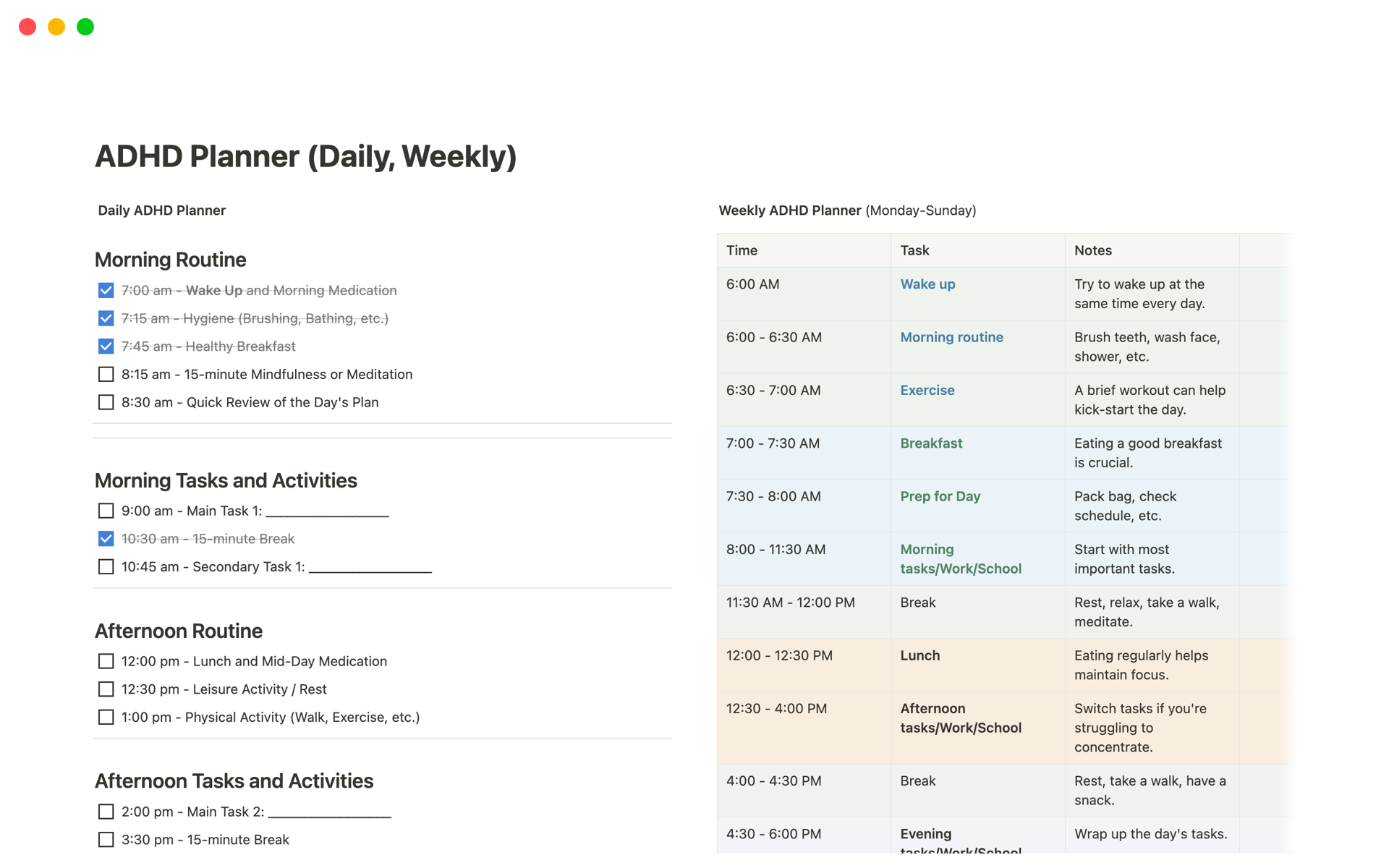 A template preview for Notion ADHD Planner (Daily, Weekly)