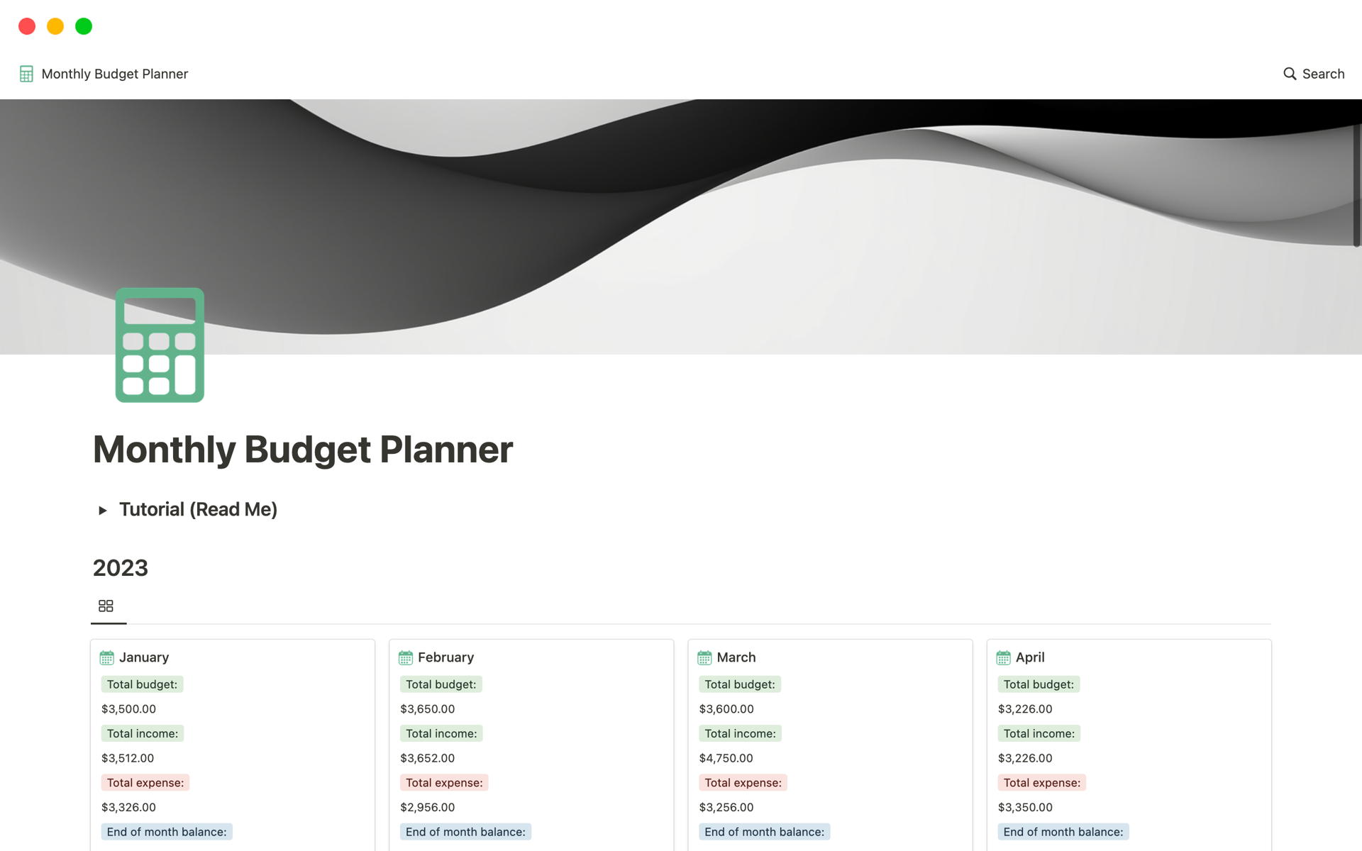 A template preview for Budget planner with automatic remaining budget
