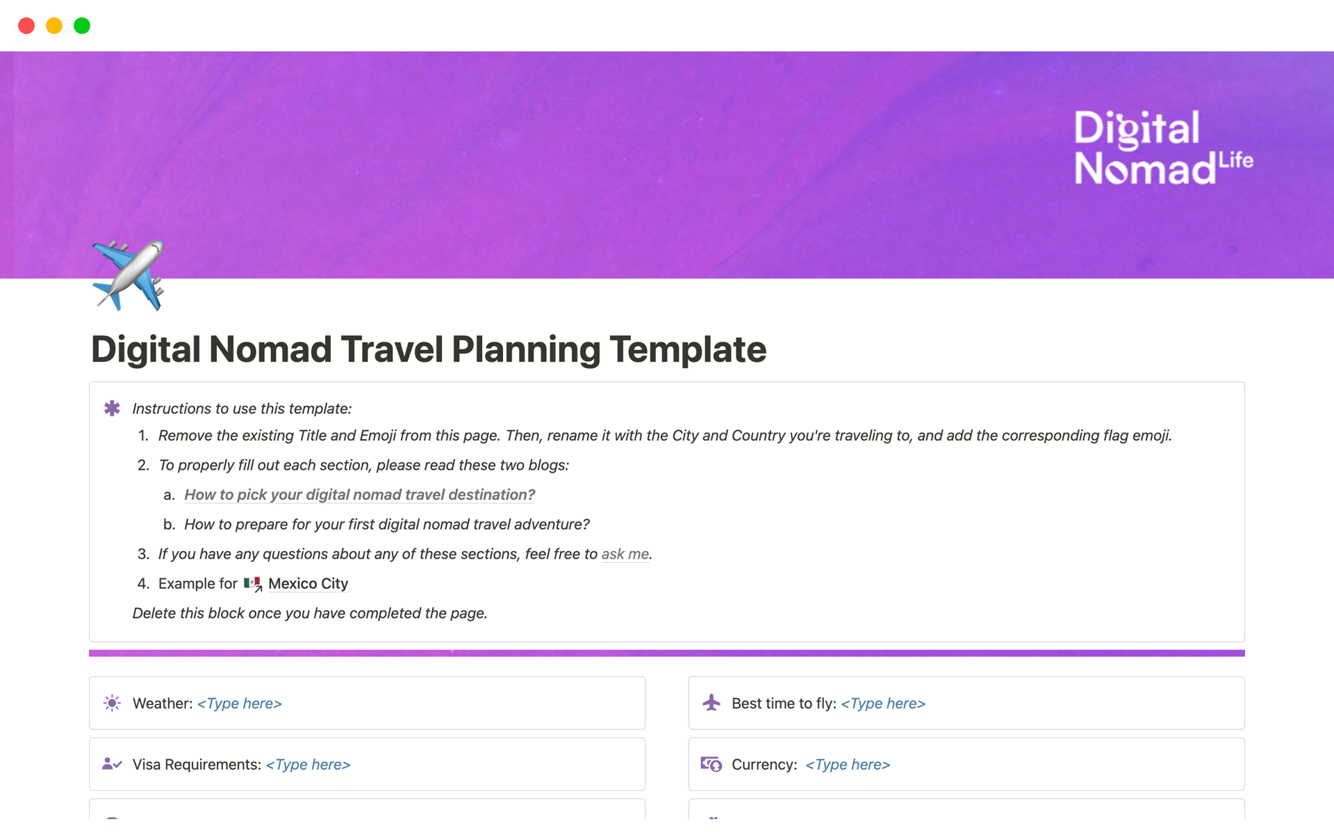 A template preview for Digital Nomad Travel Destination Research