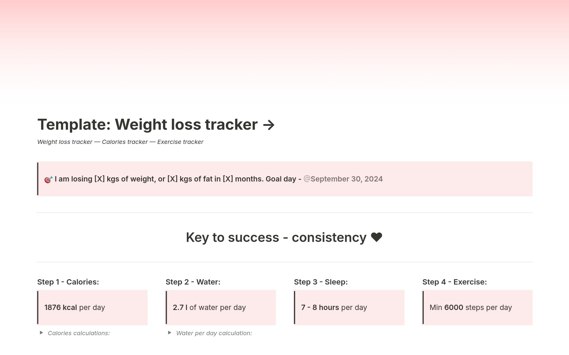 En forhåndsvisning av mal for Weight Loss Tracker