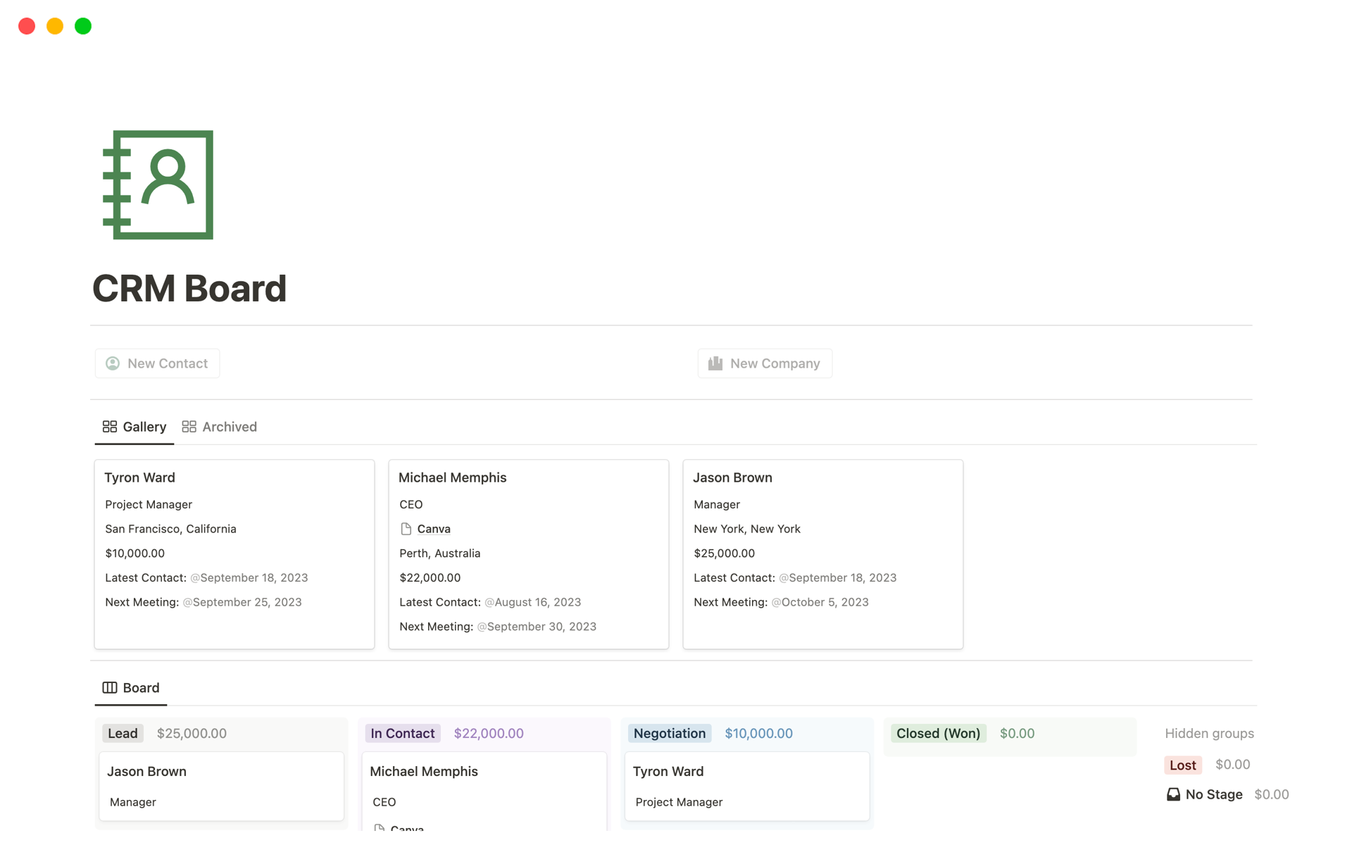 A template preview for CRM Board