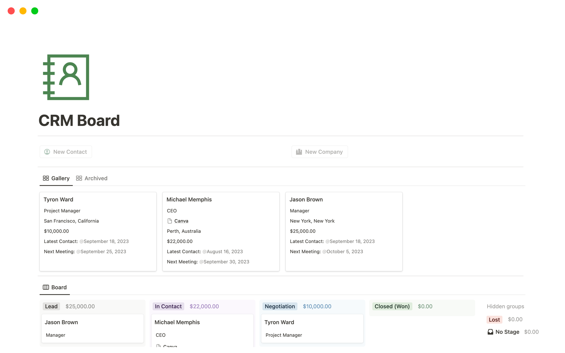 Aperçu du modèle de CRM Board