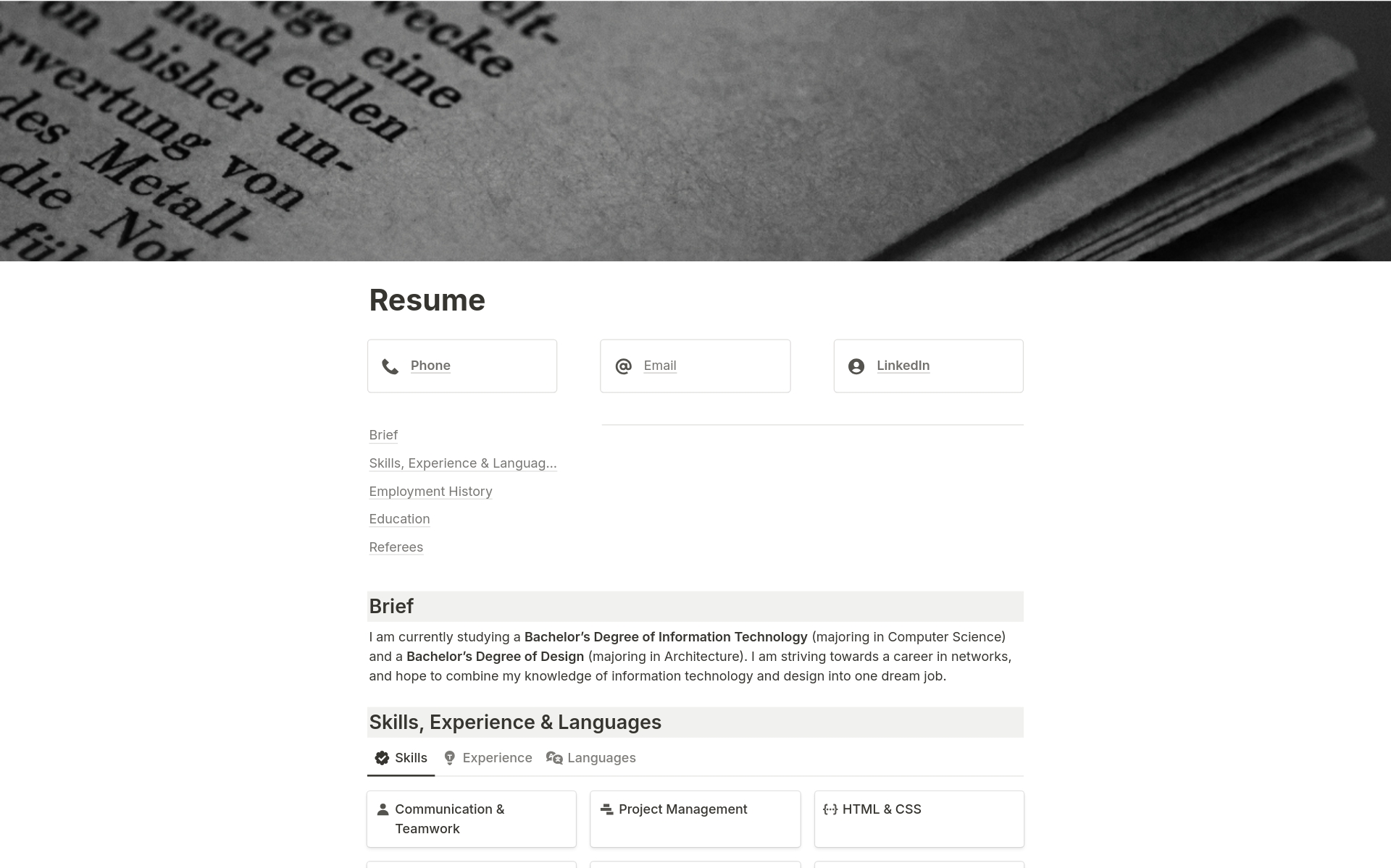 A stylish, black and white resume intended for subtlety and professionalism.