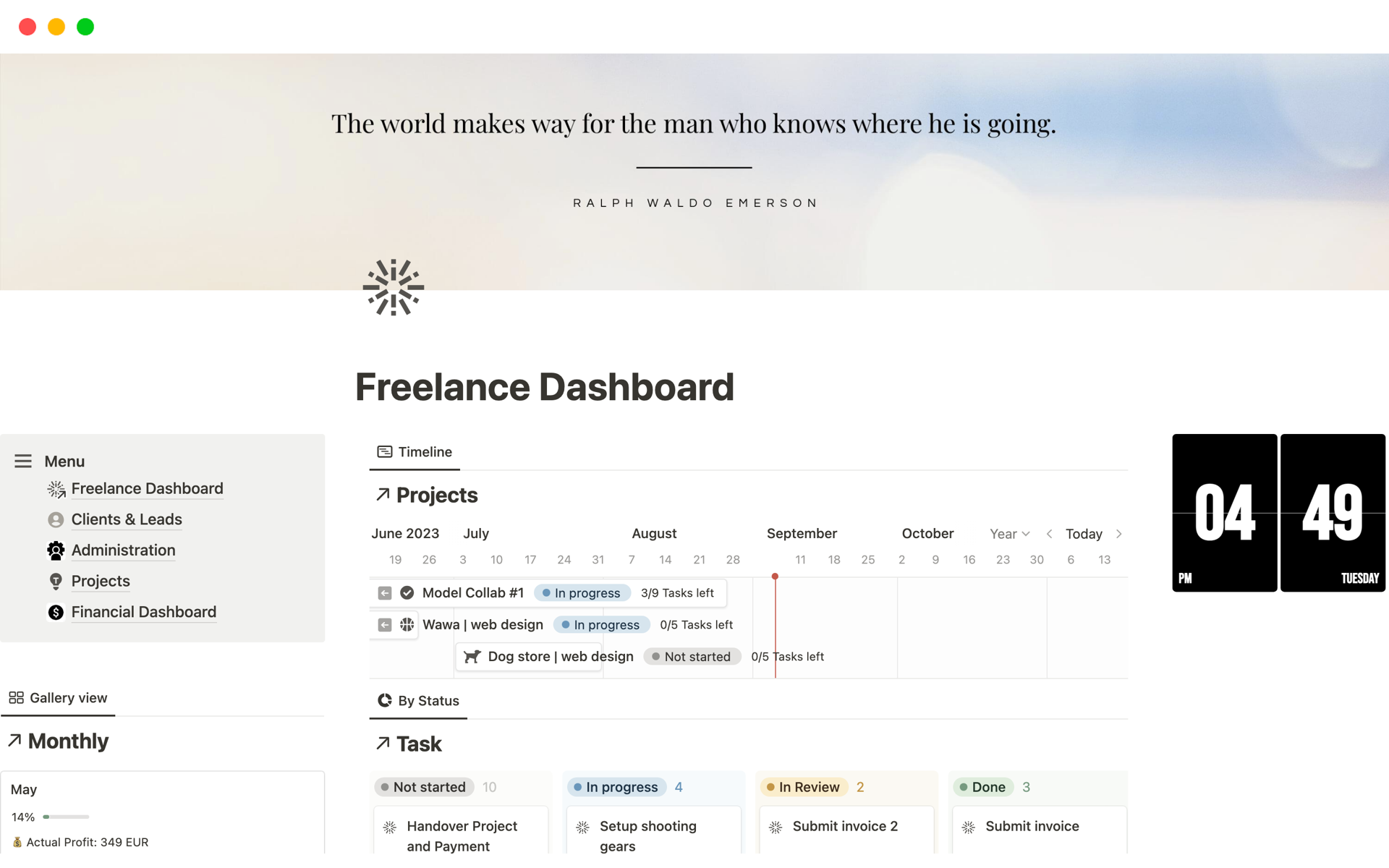En förhandsgranskning av mallen för Freelance Dashboard