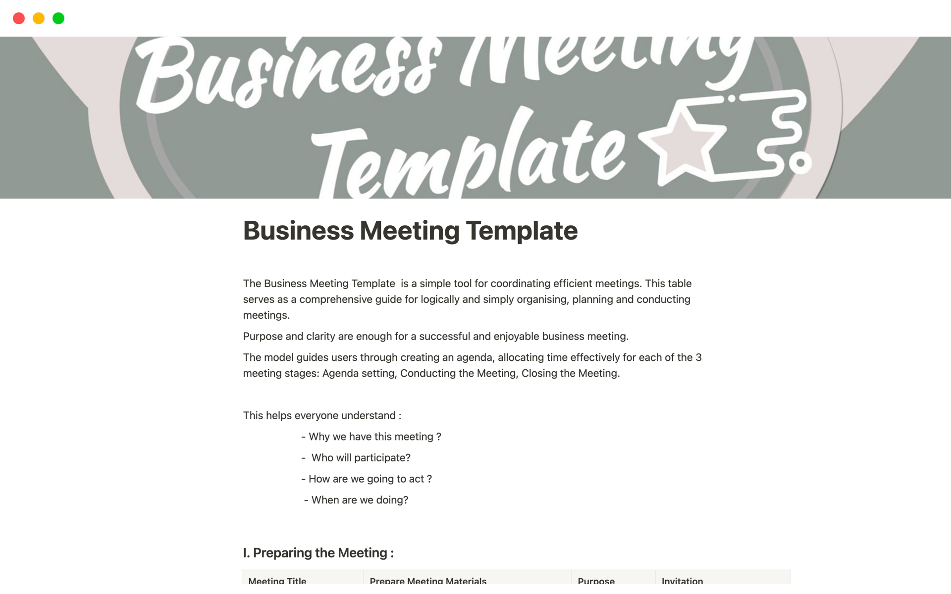 A template preview for Business Meeting