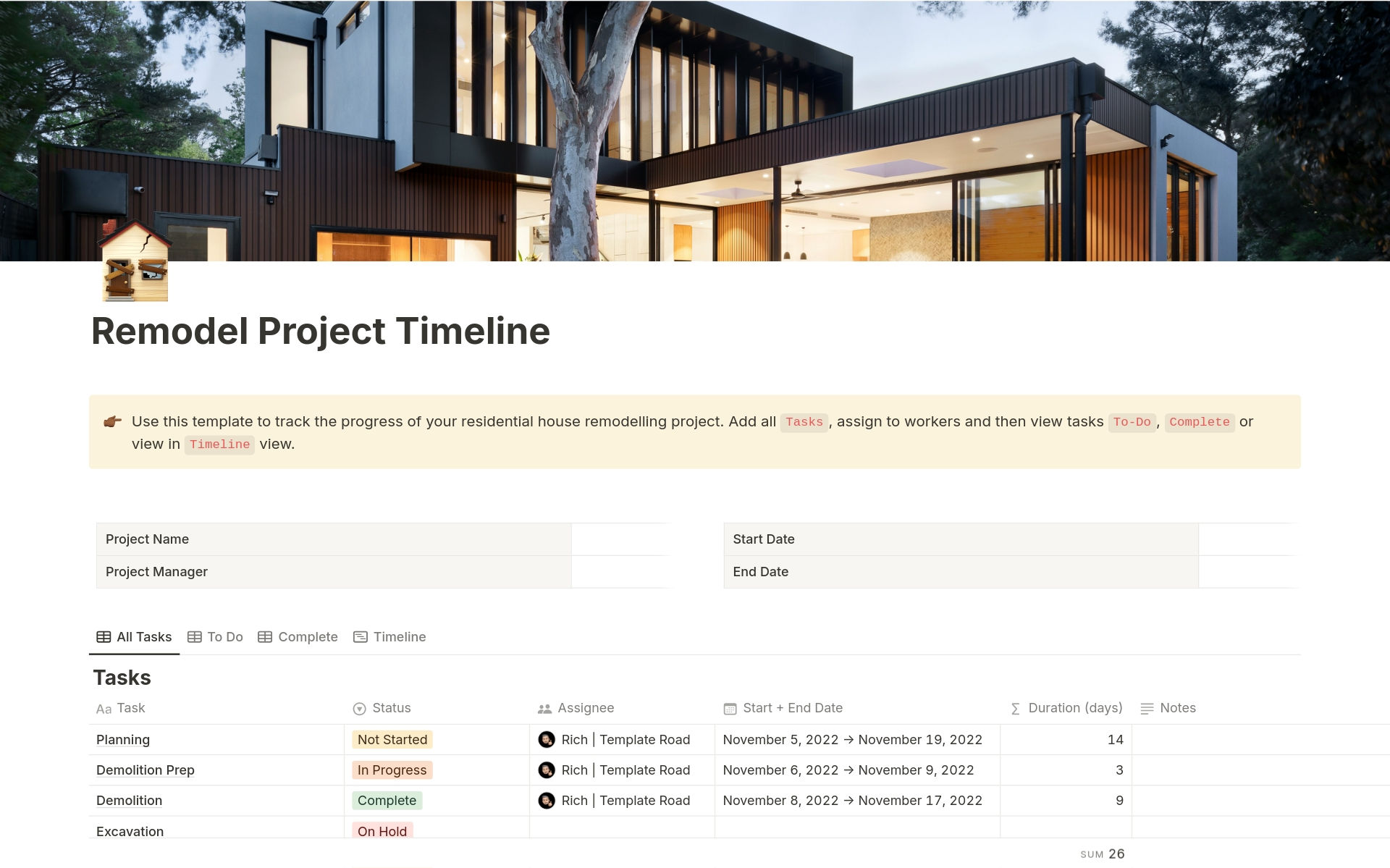 Use this template to track the progress of your residential house remodelling project in Notion.