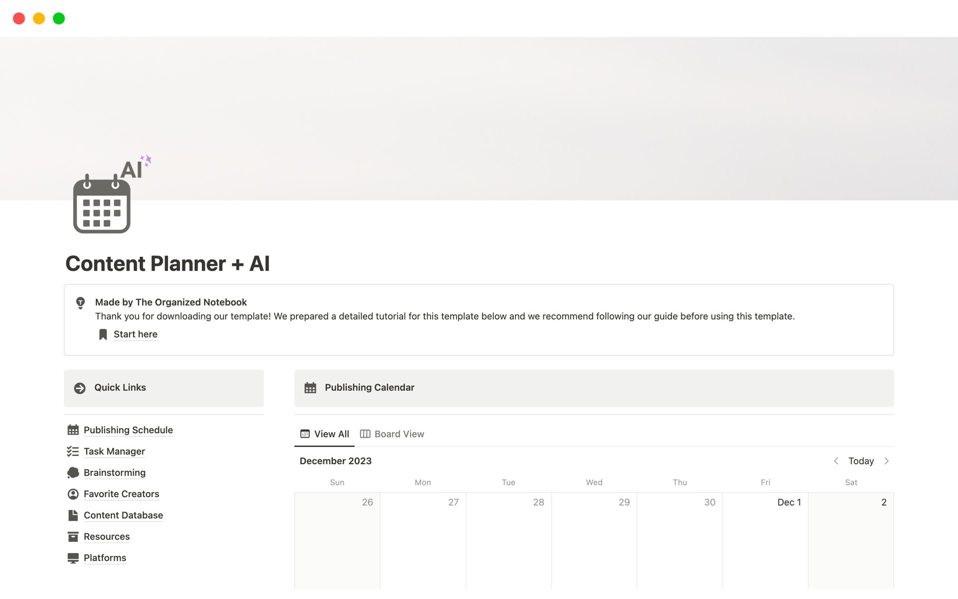 A template preview for Content Planner + AI