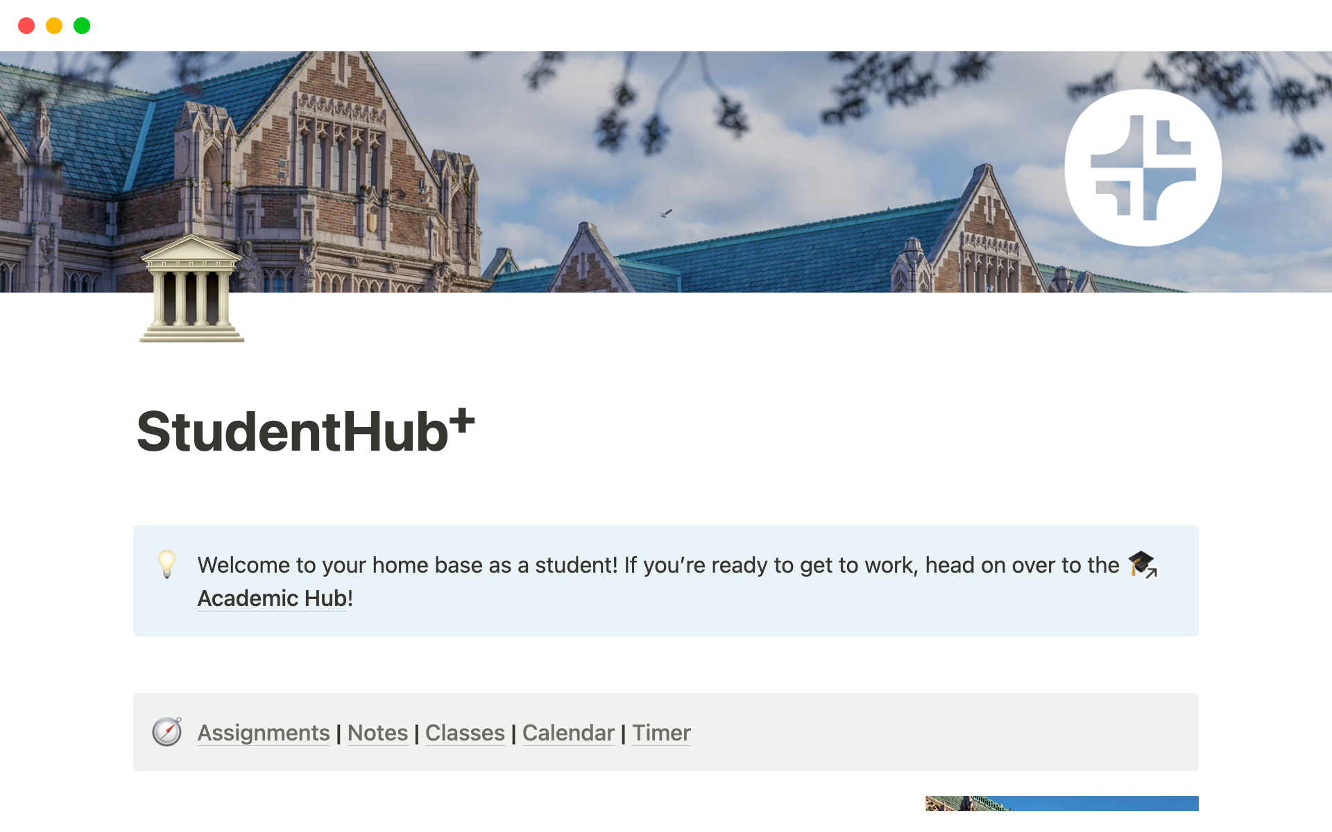 A template preview for StudentHub+