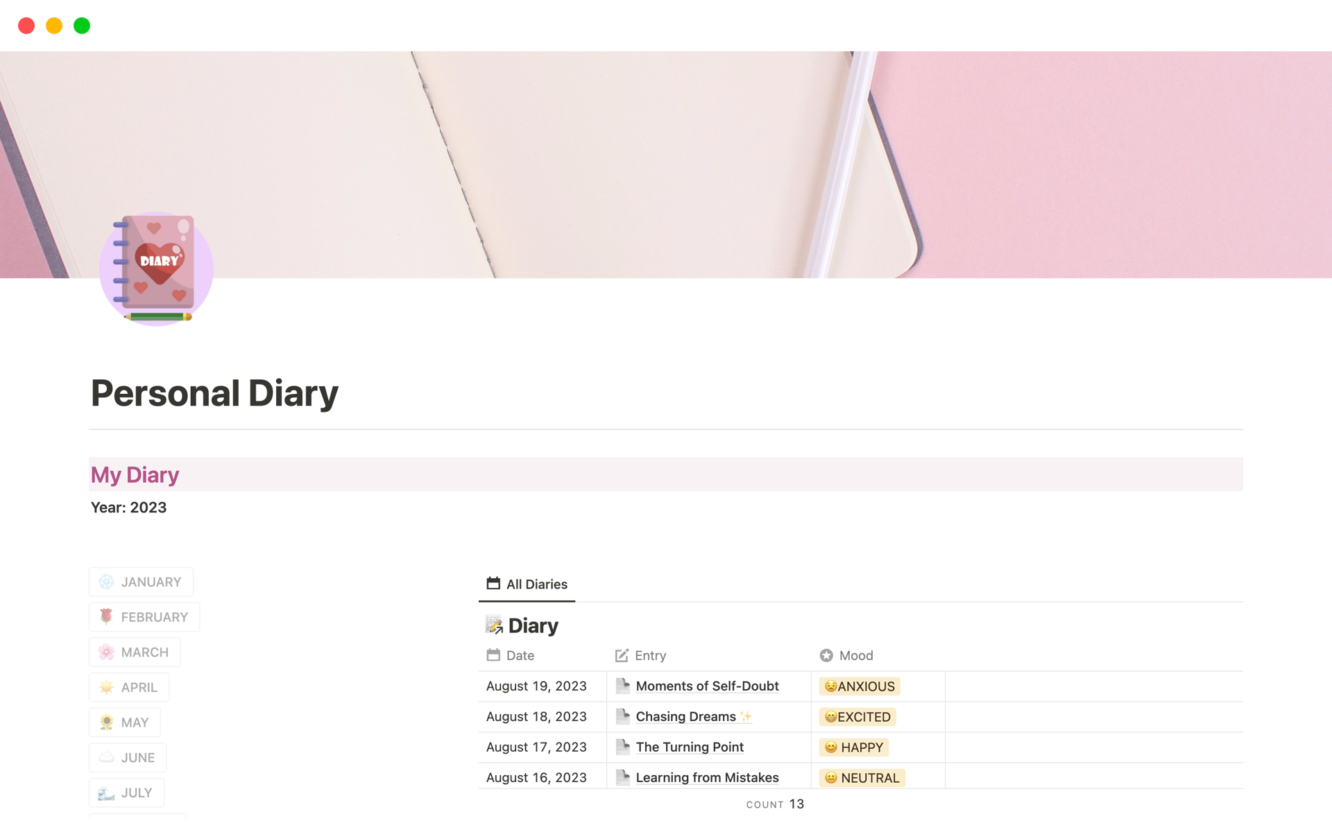 A template preview for Personal Diary