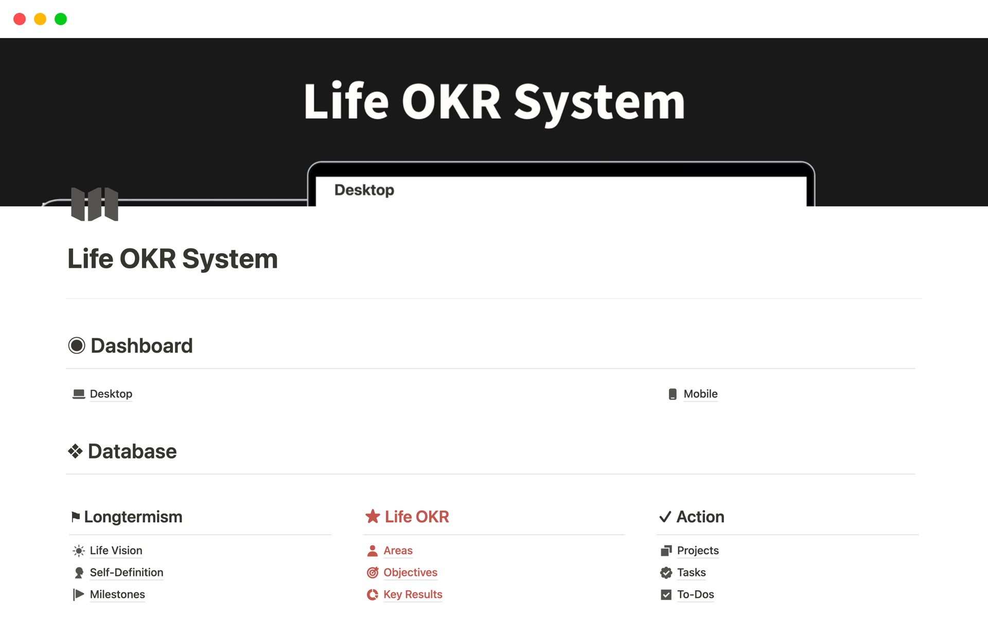 A template preview for Life OKR System
