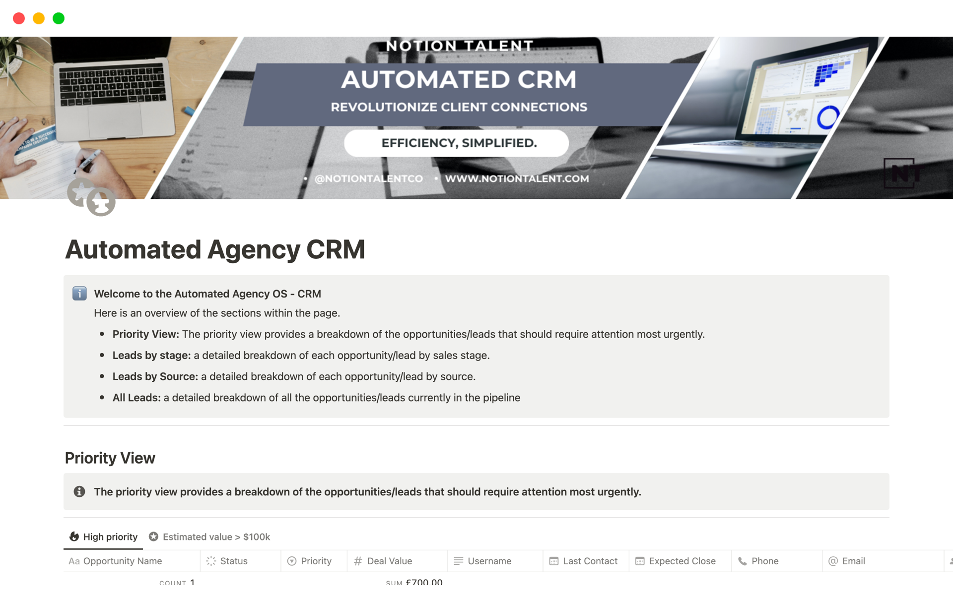 A template preview for Automated Agency CRM