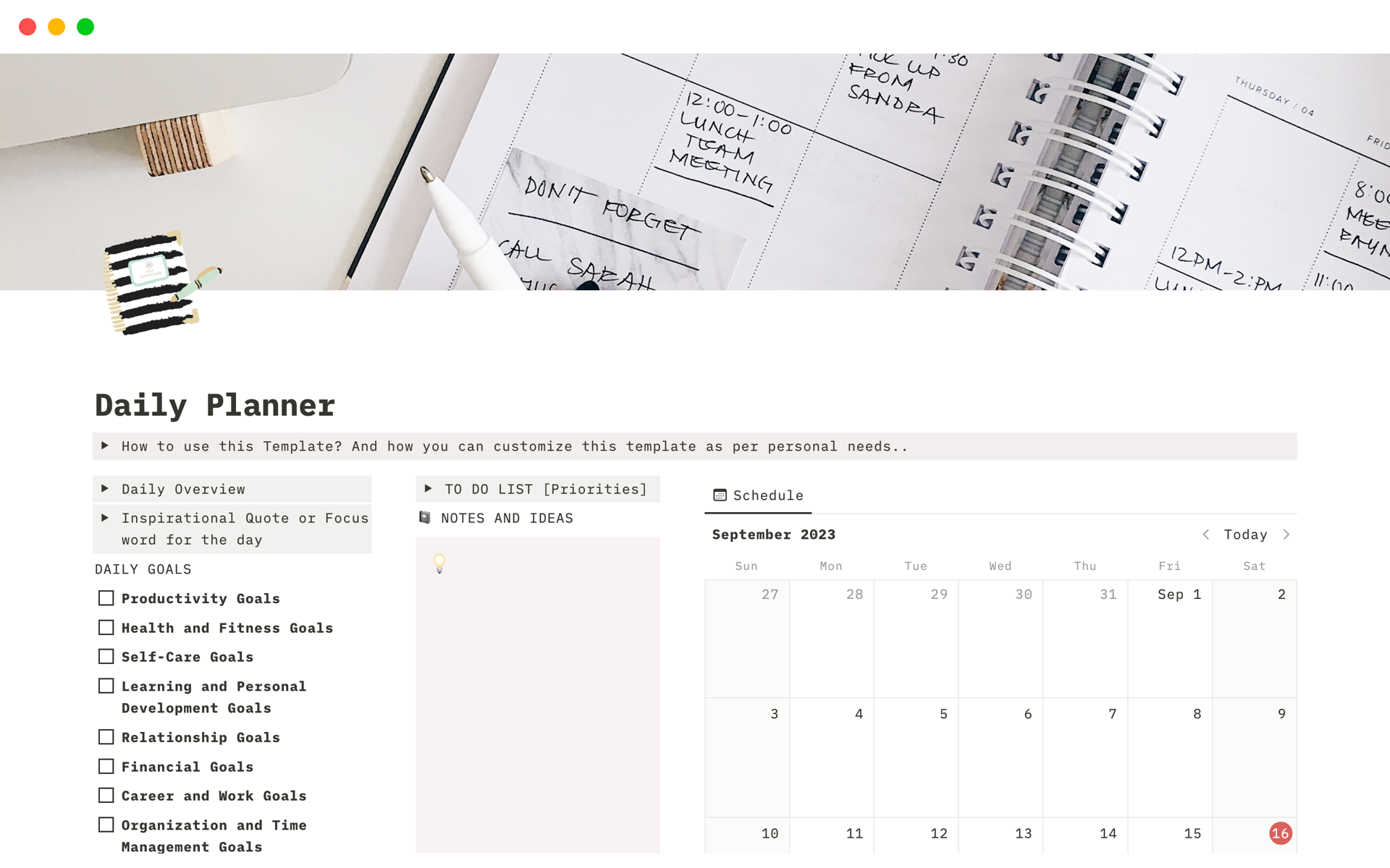 Vista previa de una plantilla para Daily Planner