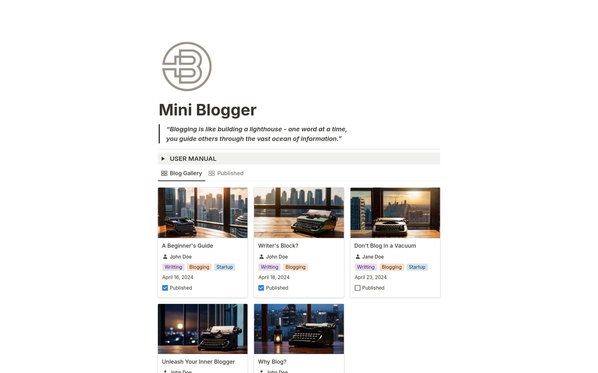 A template preview for Mini Blogger | Publish Your Thought Out Loud