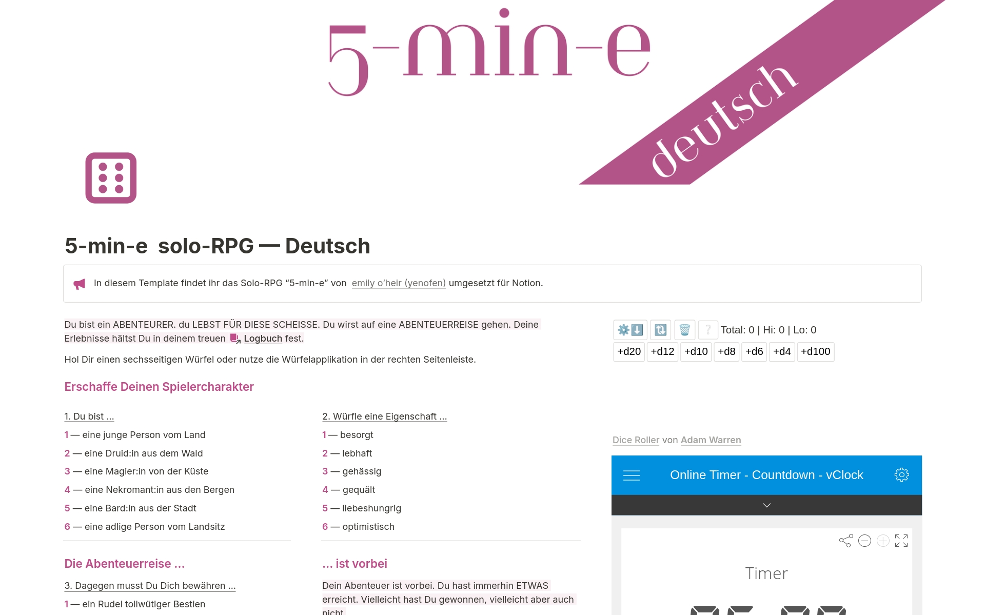 A template preview for 5-min-e  Solo-RPG — Deutsch — Das Pausen-Spiel