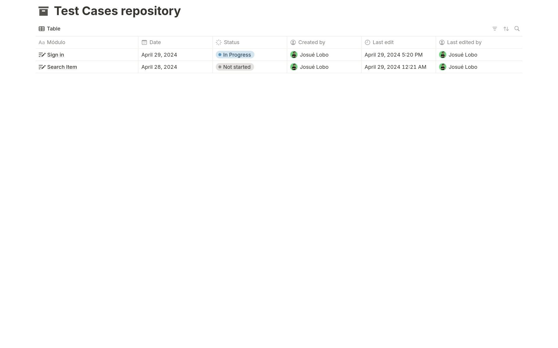 A template preview for Test Case repository