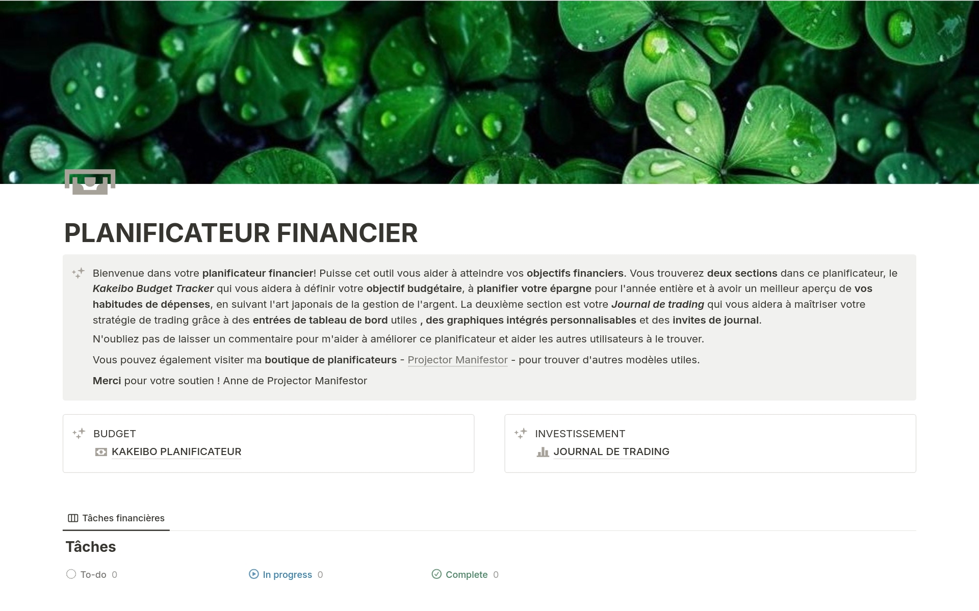 A template preview for Duo Finance - Kakeibo Budget + Journal de Trading
