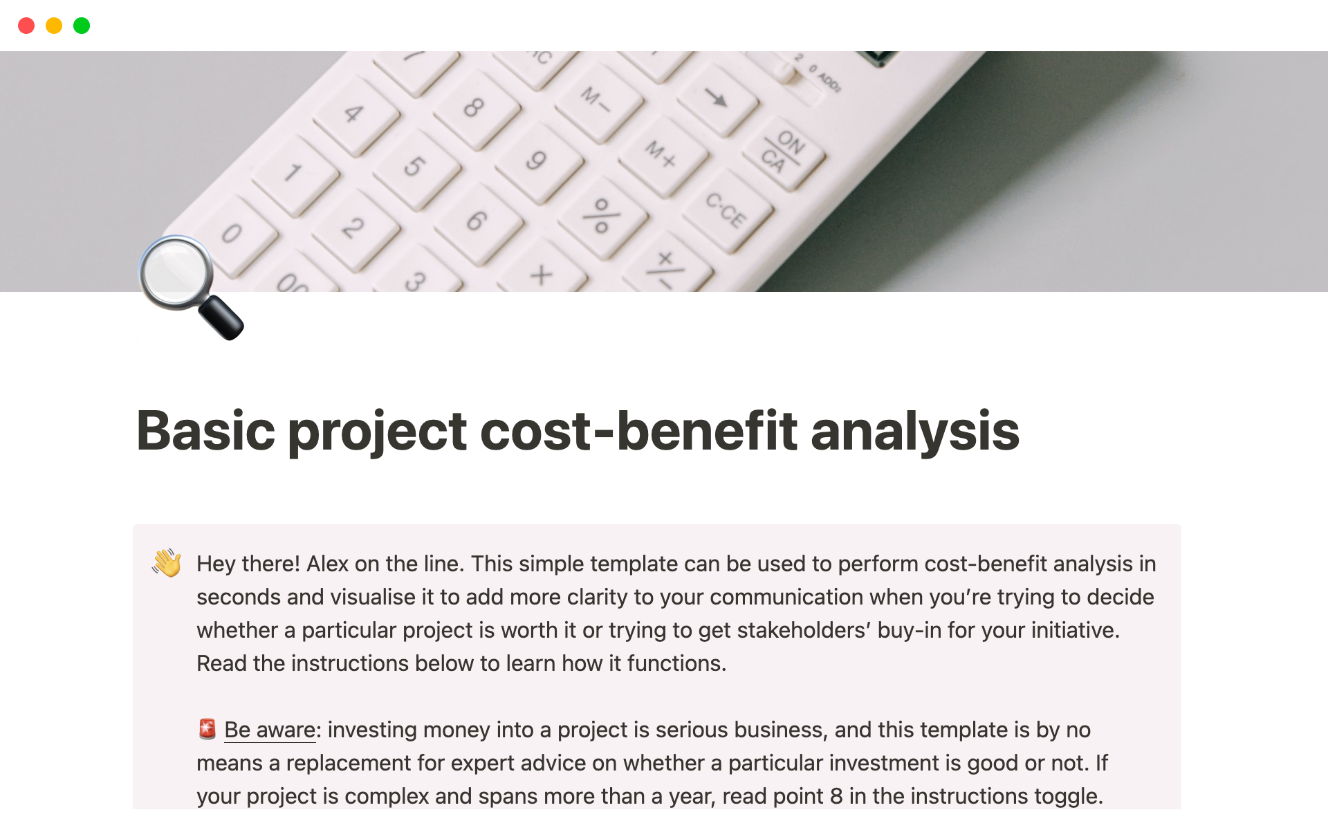 A template preview for Basic cost-benefit analysis for project management