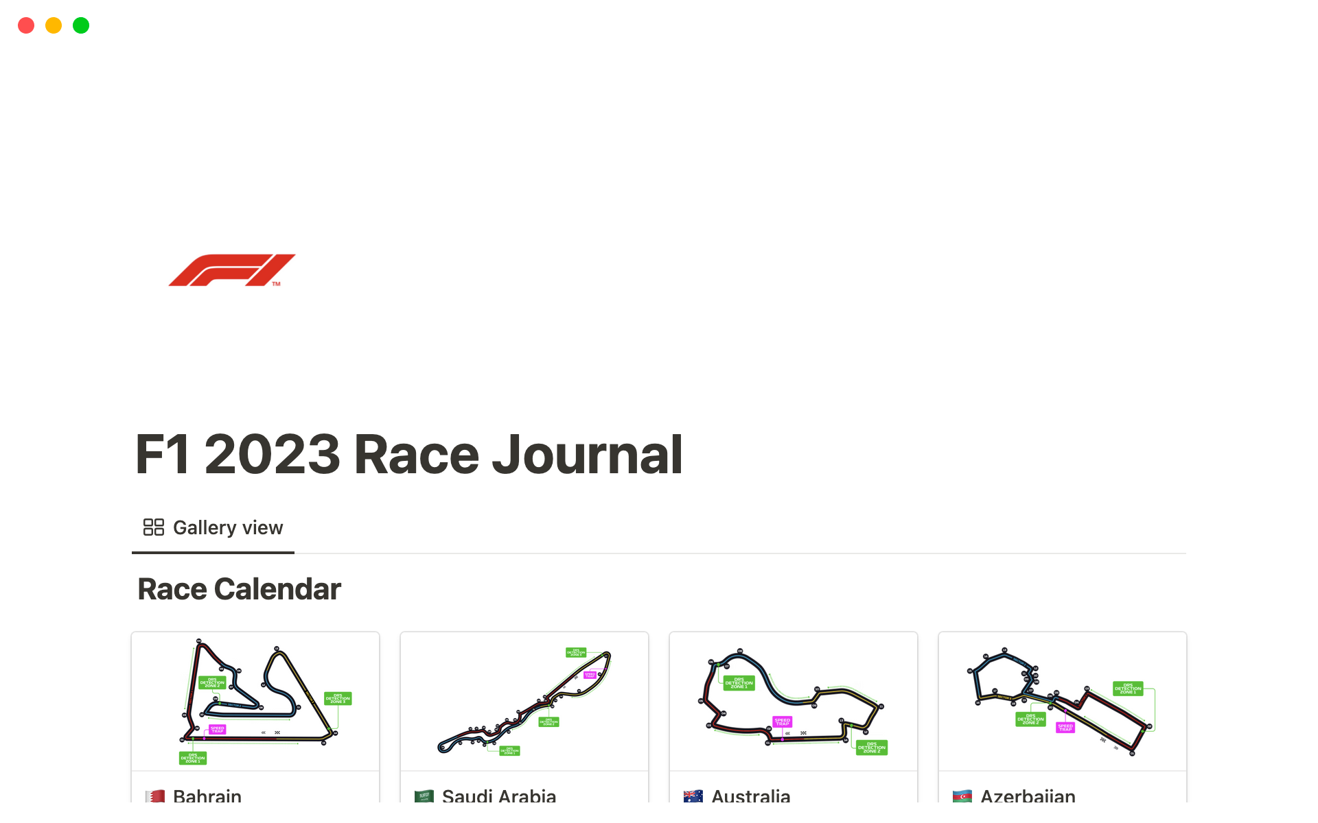 A template preview for Formula 1 Race Journal