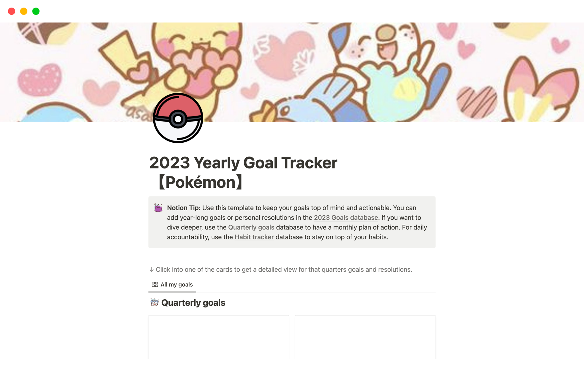 Eine Vorlagenvorschau für 2023 Yearly Goal Tracker(Pokémon)