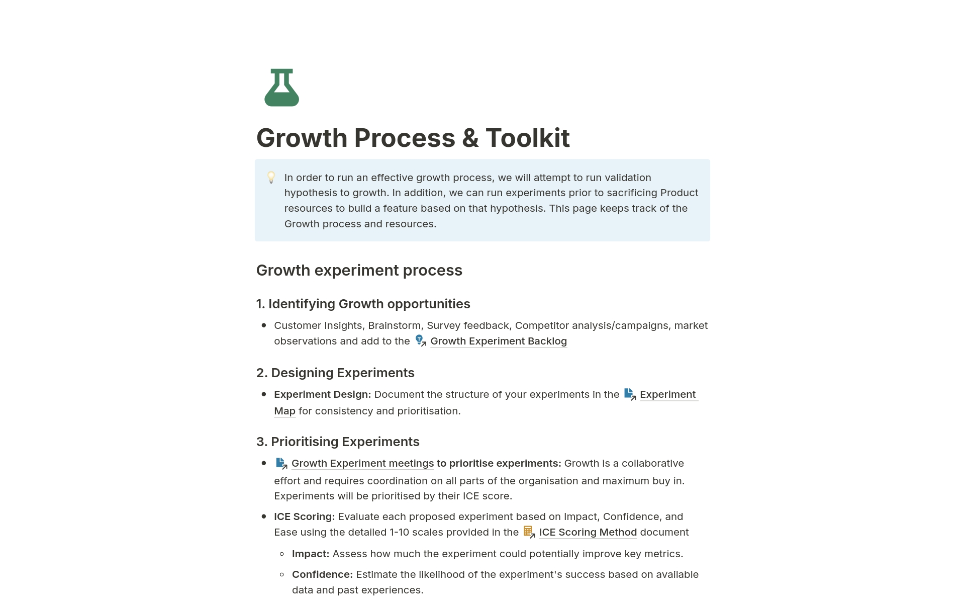 Unlock your growth potential with this comprehensive Growth Experiment Process template. Designed to streamline your marketing and product growth efforts, it covers everything from identifying opportunities, prioritizing, execution and to analyzing experiment data.  