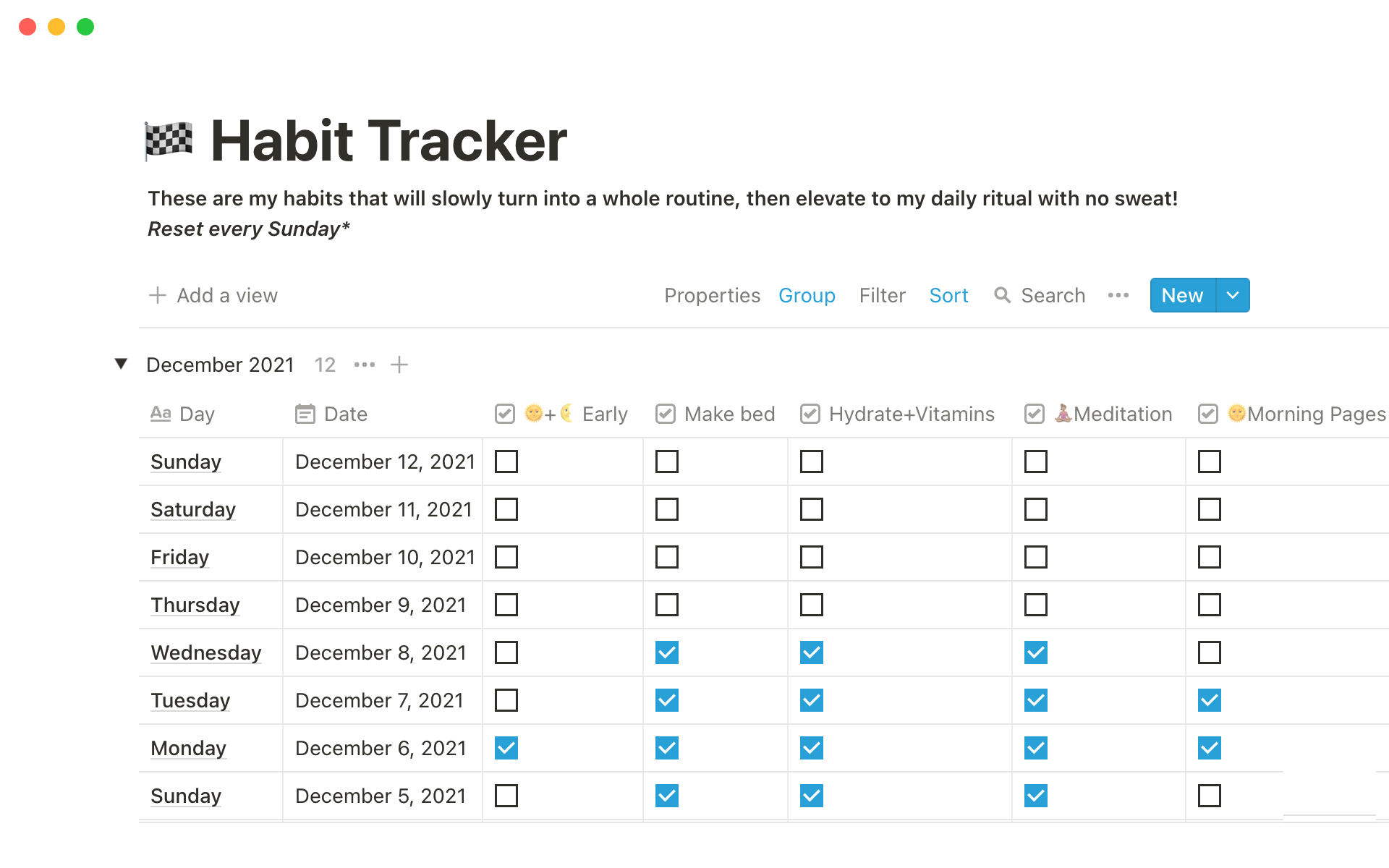 Break down individual habits on a daily basis or by month to track your healthy routines easily.