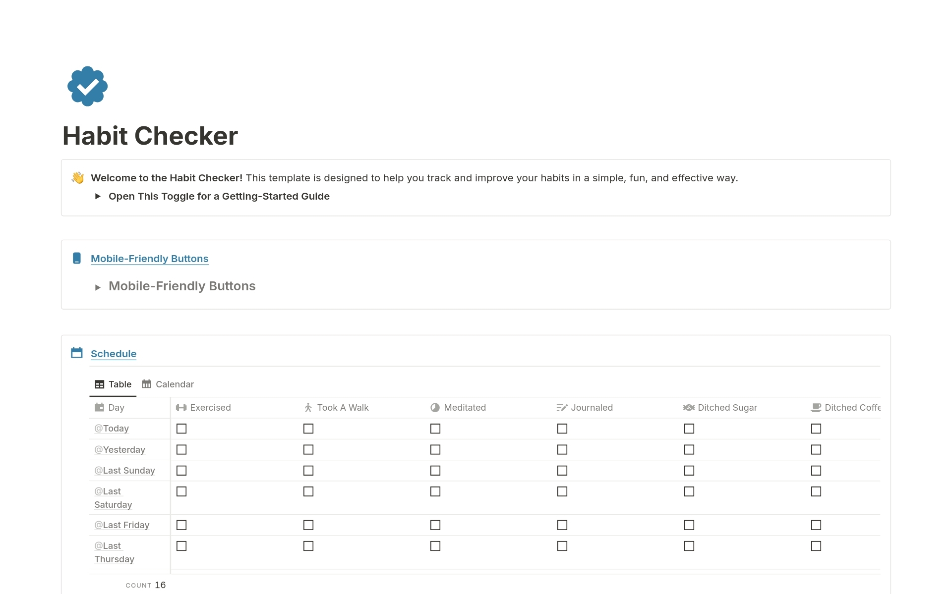A template preview for Habit Checker