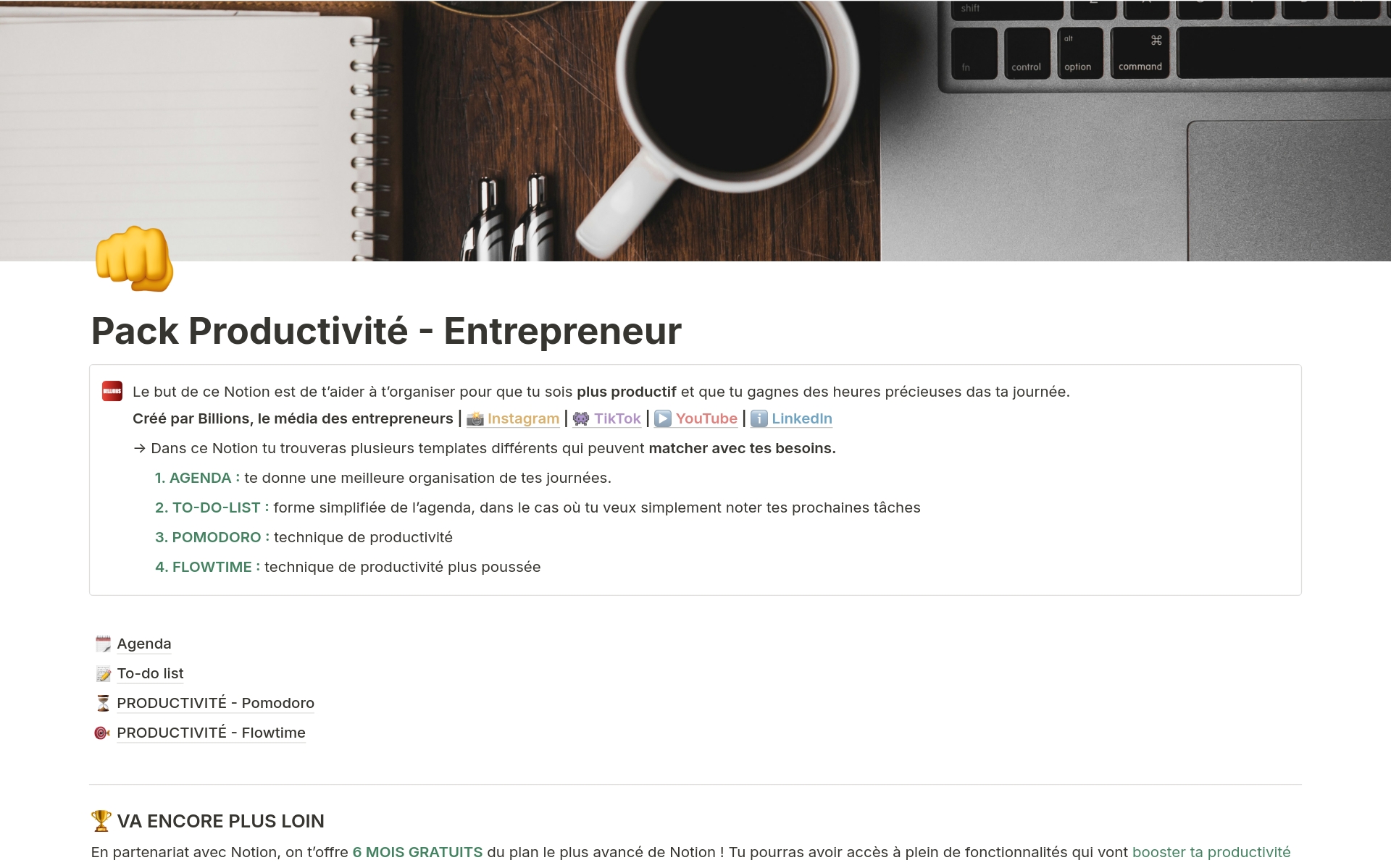 A template preview for Pack Productivité - Entrepreneur