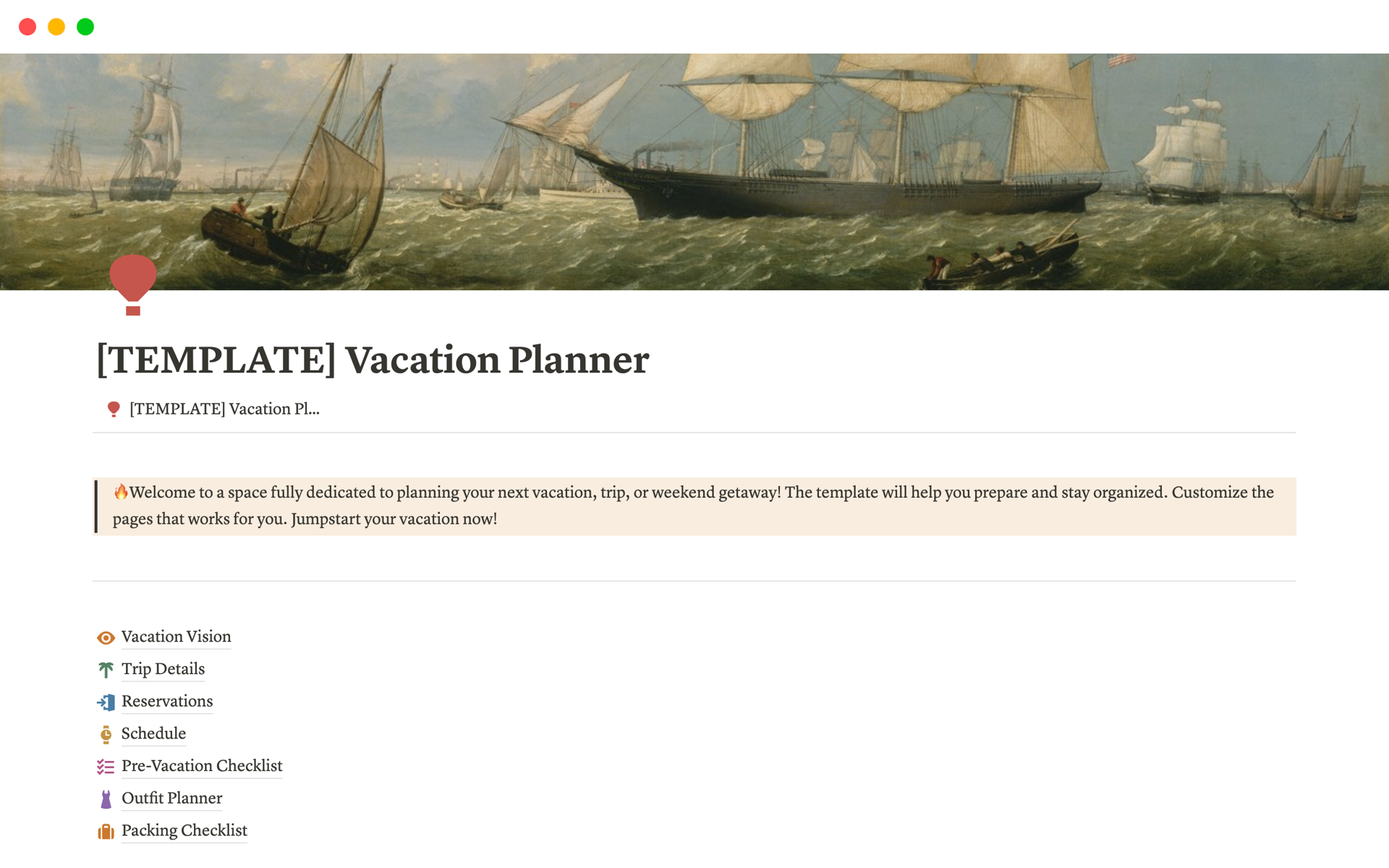 A template preview for VACATION PLANNER