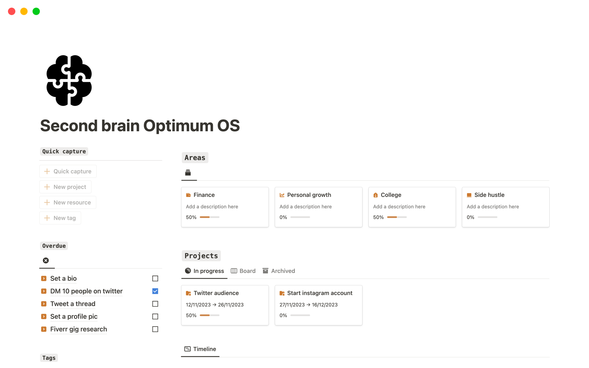 A template preview for Second brain Optimum OS