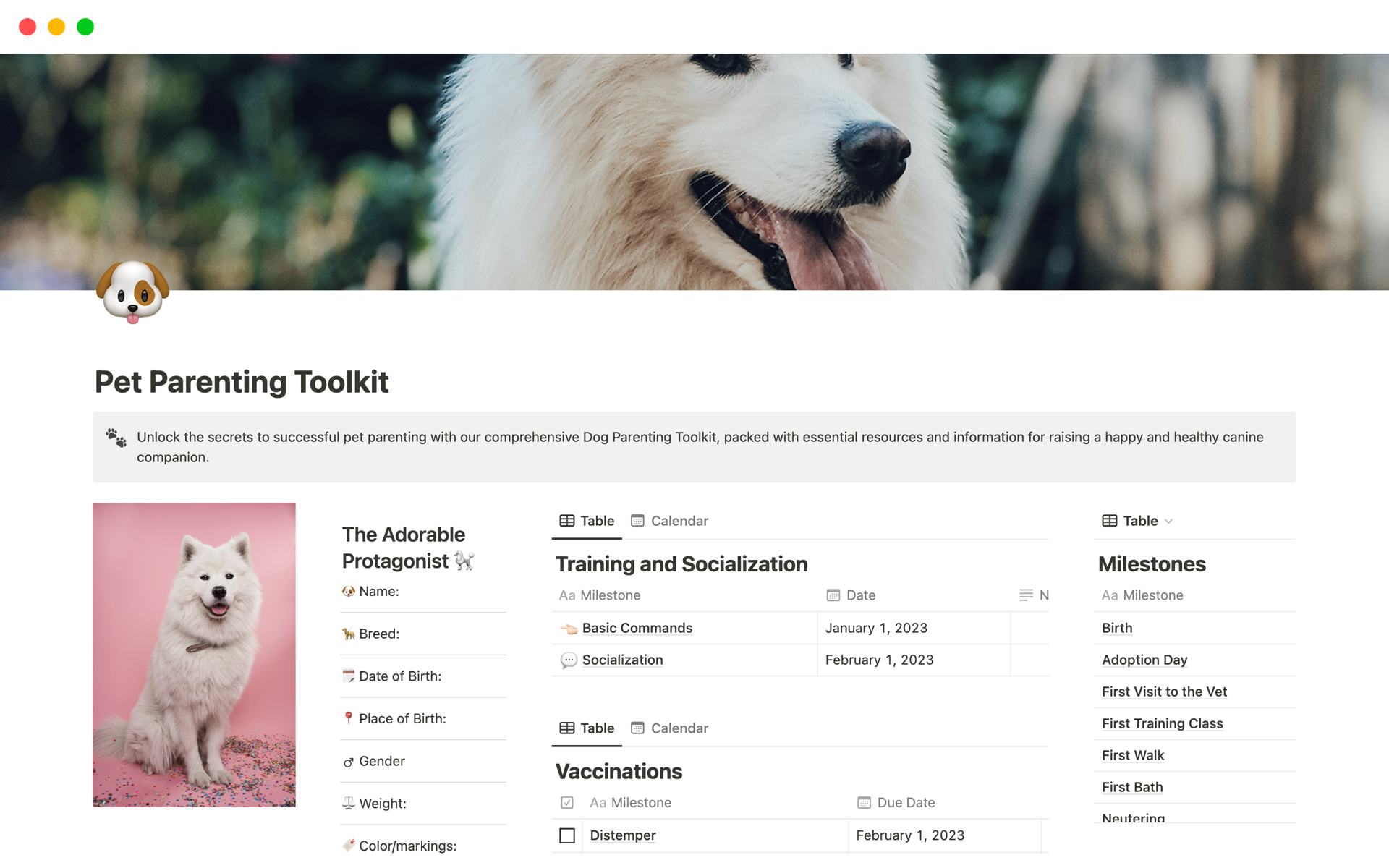 Unlock the secrets to being a paw-some pet parent with our comprehensive Pet Parenting Toolkit 🐾, your all-in-one resource for tracking milestones, managing health, and training your furry friend!
