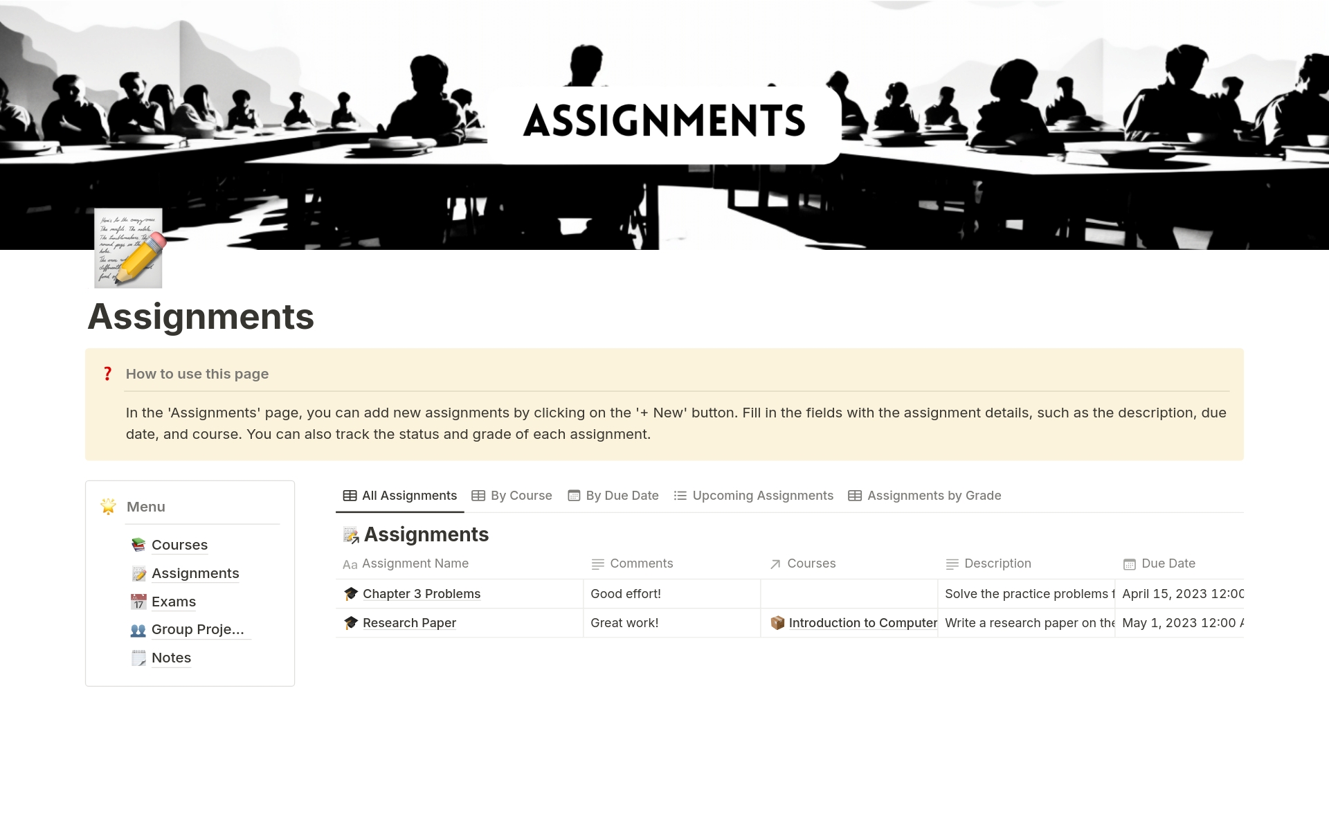 This comprehensive template is designed to help you stay organized, manage your courses, assignments, exams, group projects, and notes. With customizable fields and a user-friendly interface, you'll be able to track your academic progress and optimize your study routine.