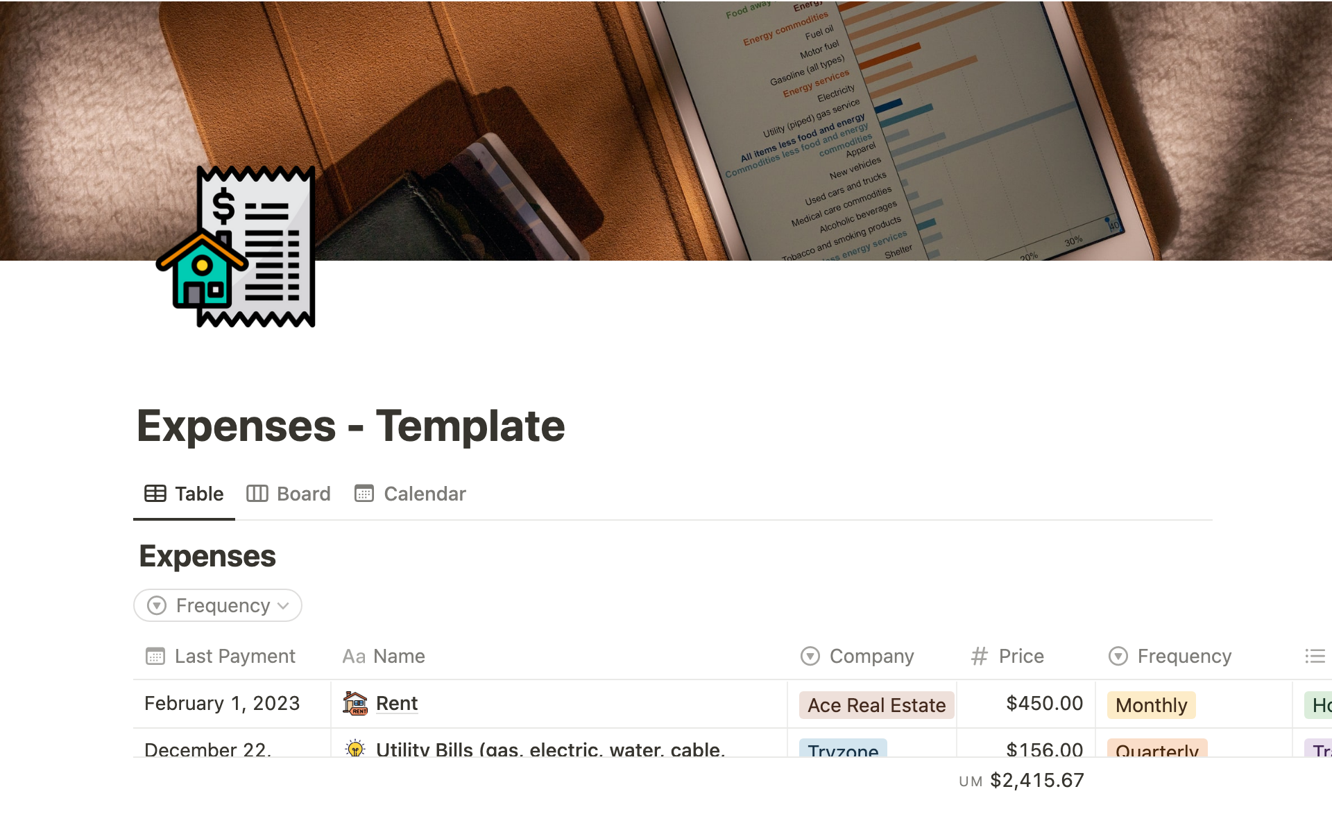 A template preview for Monthly Expenses