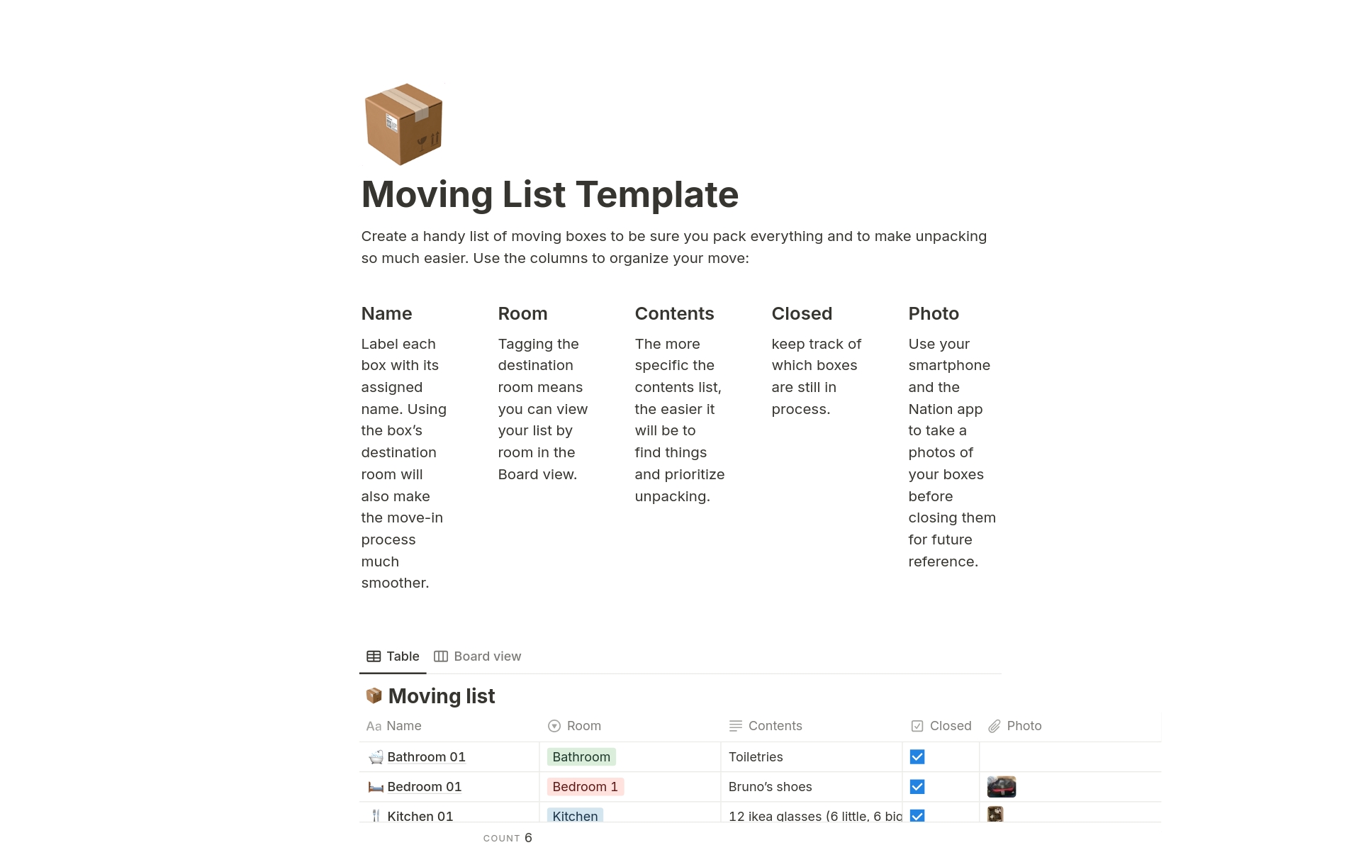 A template preview for Moving List