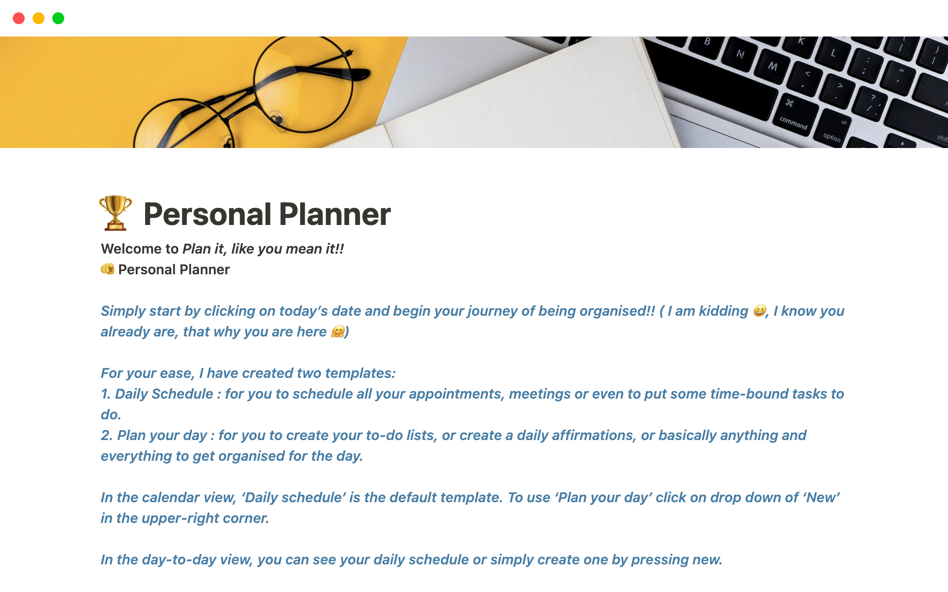 Aperçu du modèle de Personal Planner