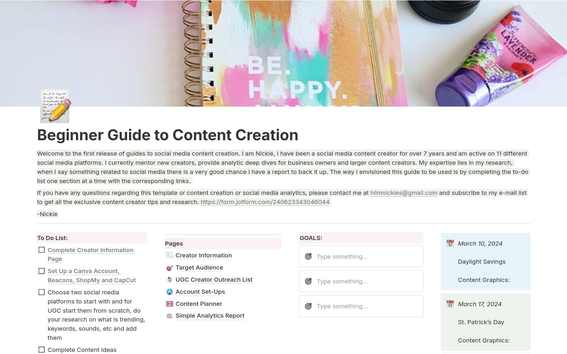 En förhandsgranskning av mallen för Beginner Social media content guide and platform 