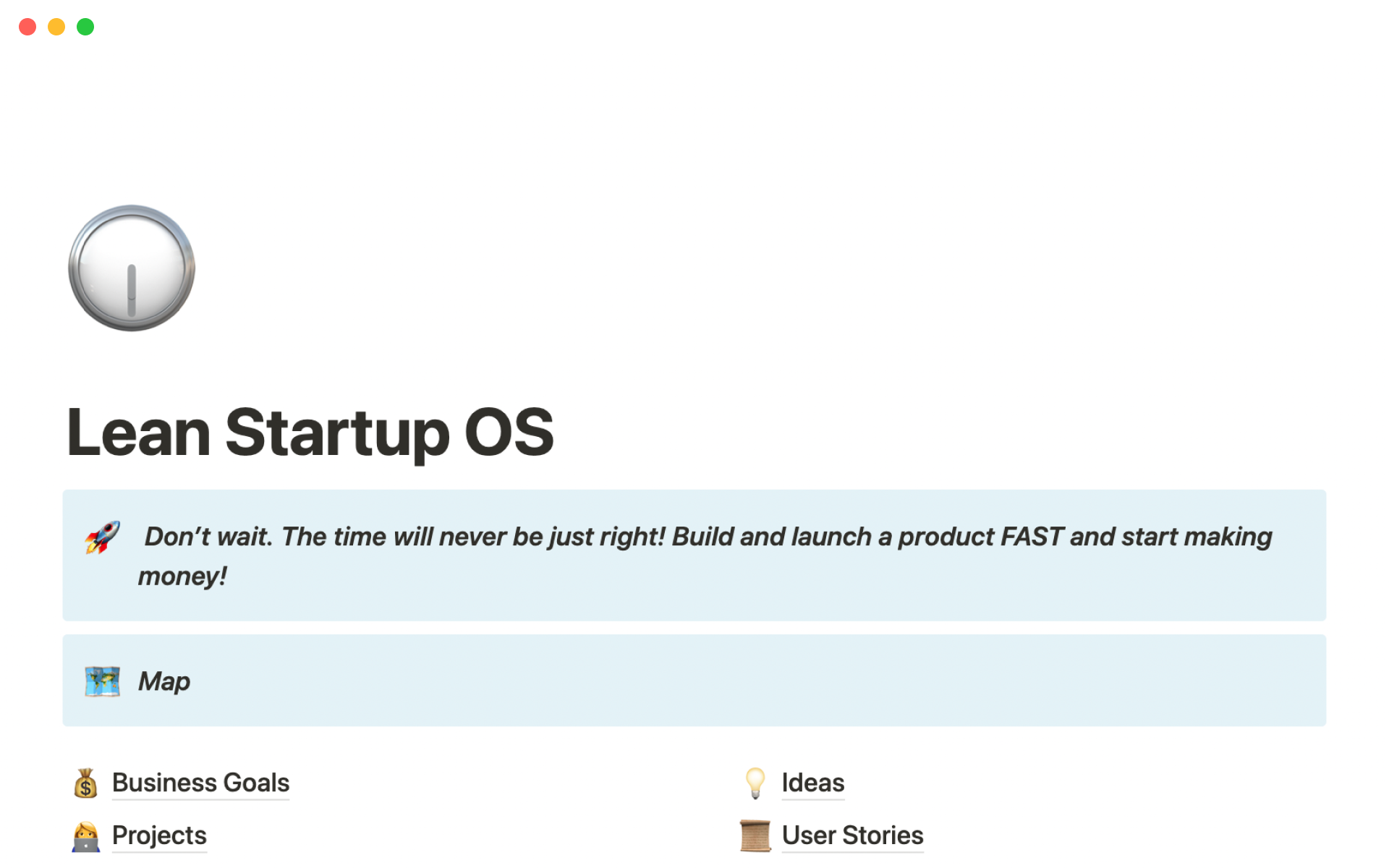 A template preview for Lean startup OS