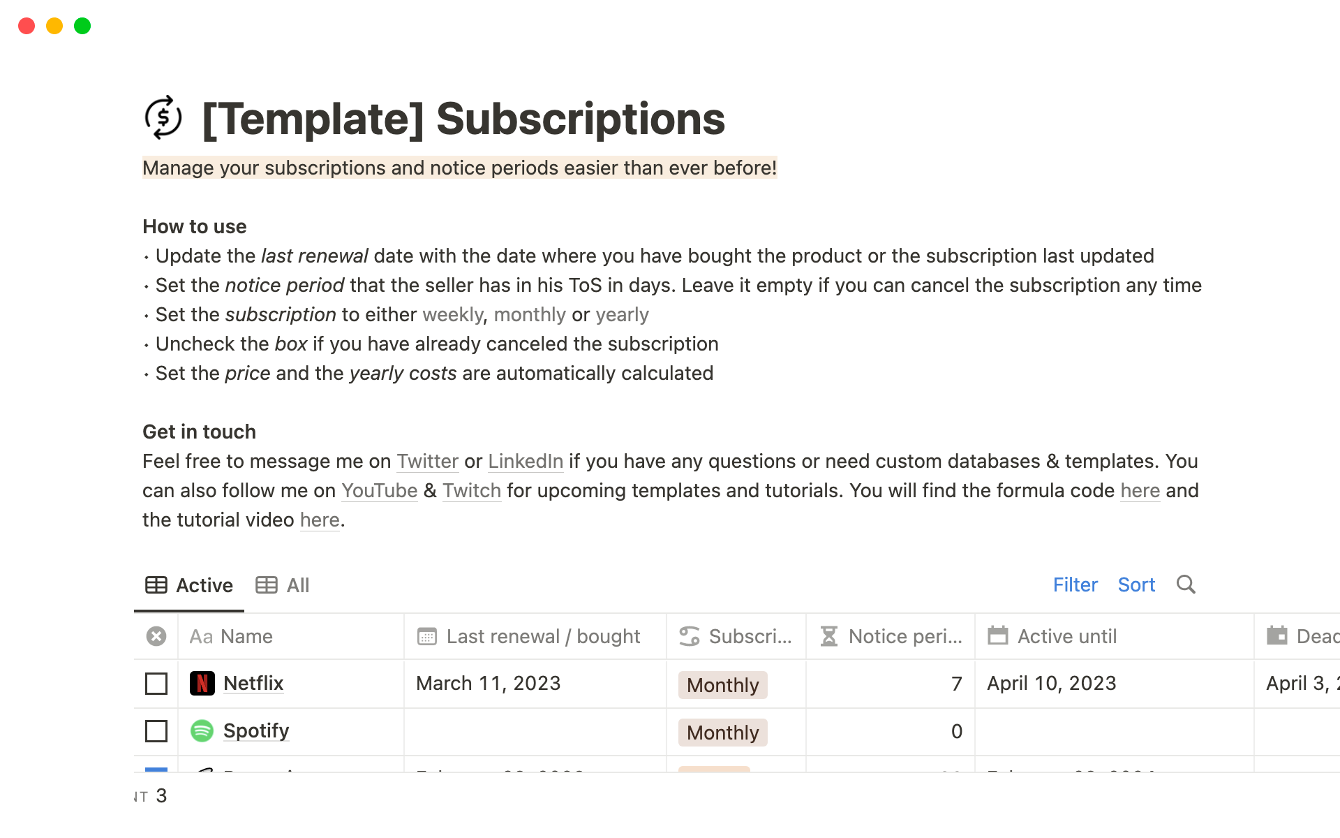 A template preview for Subscription Management