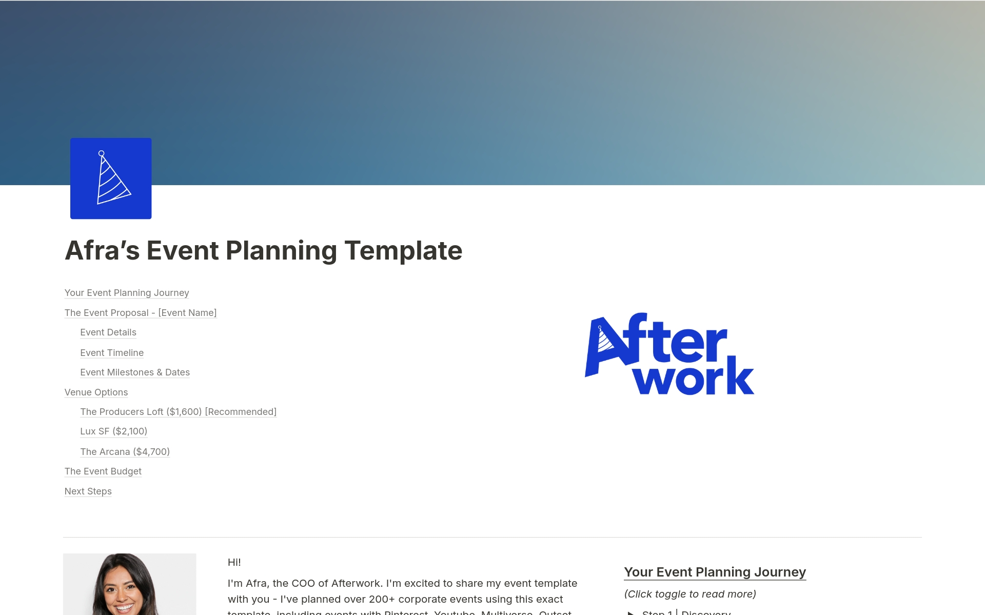 A template preview for Afra's Event Proposal