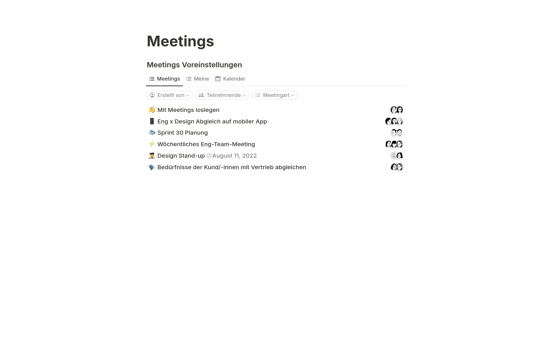 Organisiere Team-Meetings an einem Ort, inklusive Agendas, Notizen und einer Kalenderansicht.