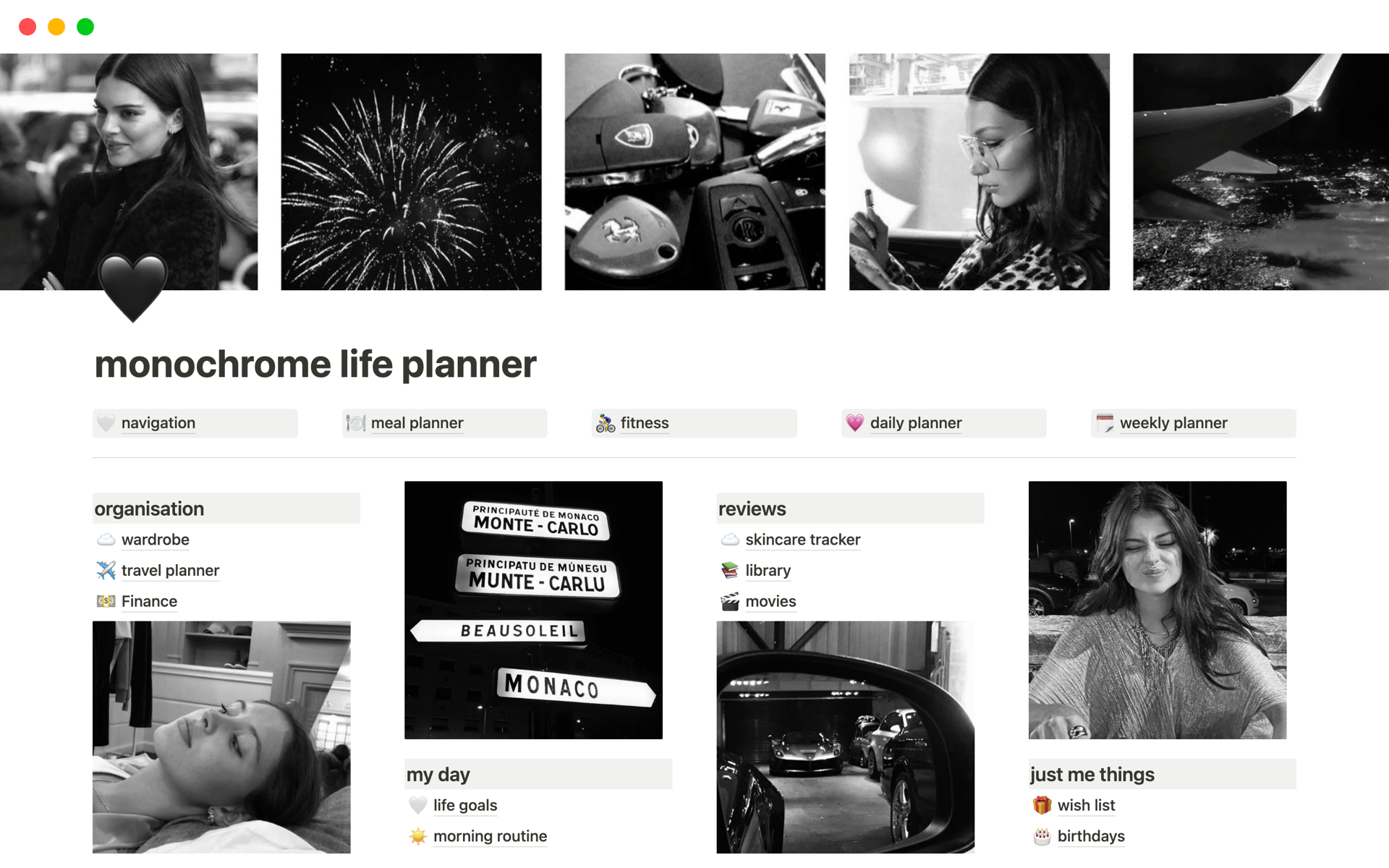 A template preview for Monochrome life planner