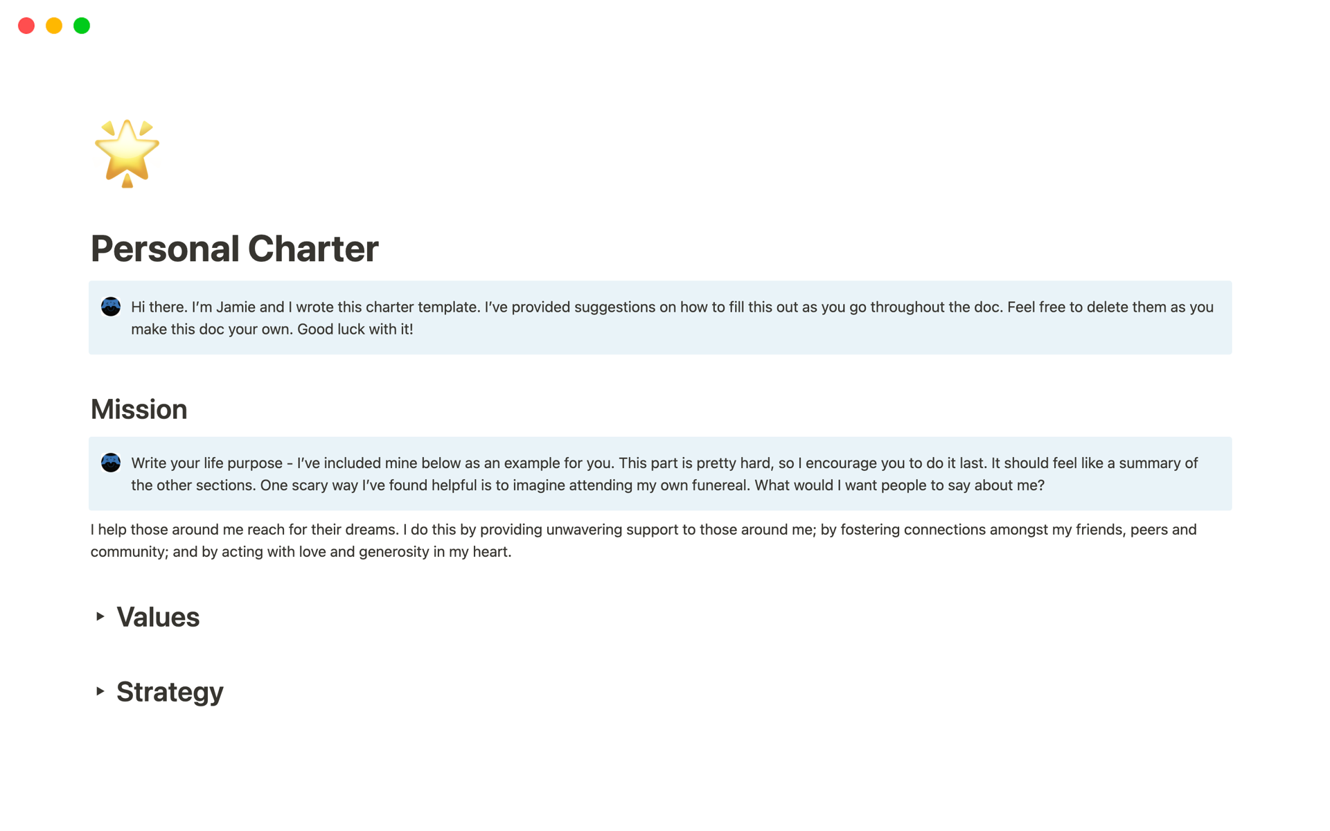 A template preview for Personal Charter