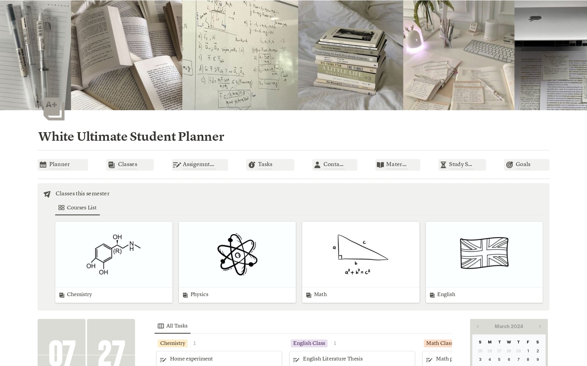Become the best version of yourself with our White Student Notion Planner Template! Designed to elevate your planning experience. Whether you're a student, professional, or someone who simply loves staying organized, this template provides a customizable and intuitive platform.